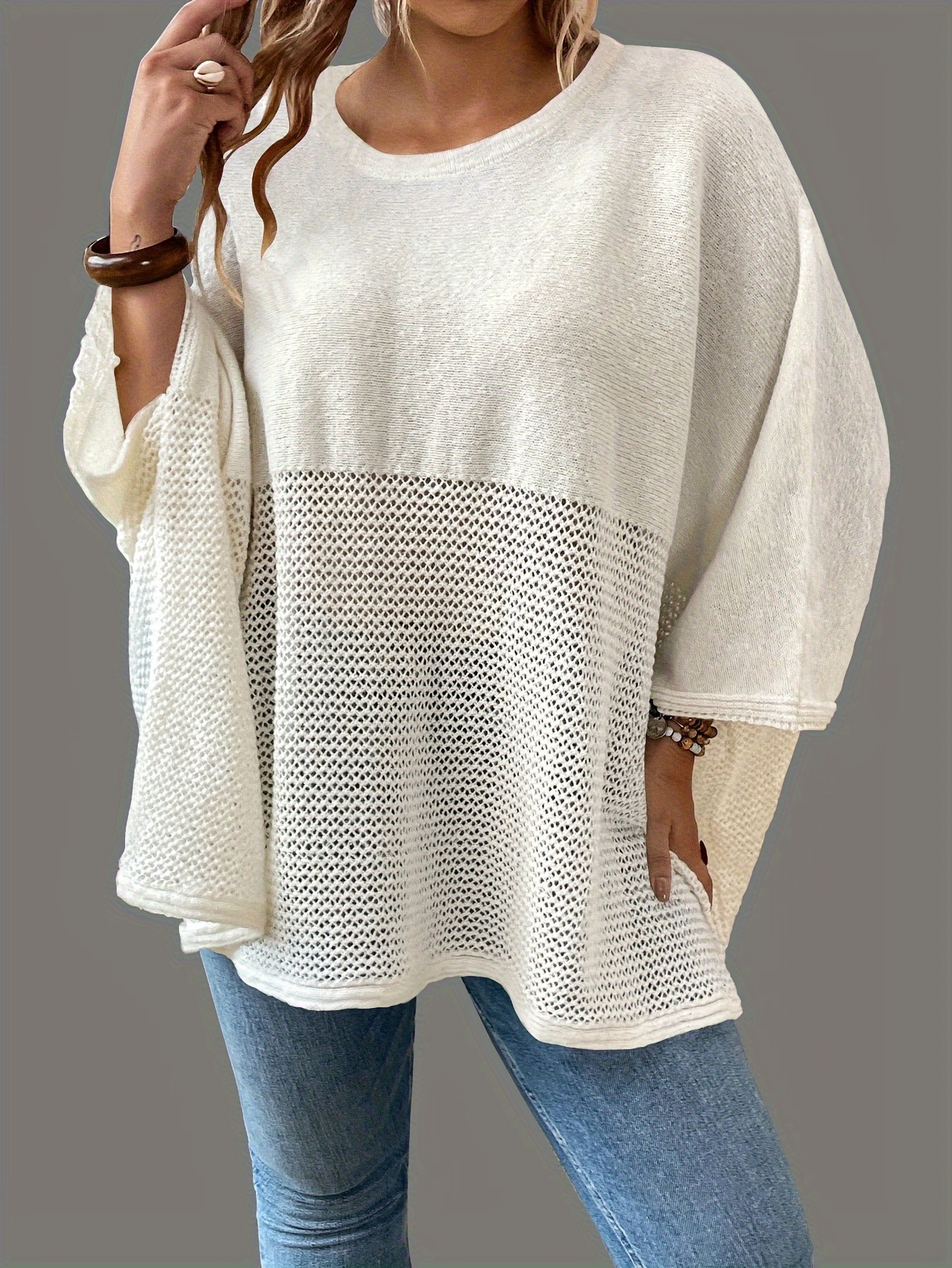 plus size solid knitted top casual batwing sleeve crew neck top womens plus size clothing details 18