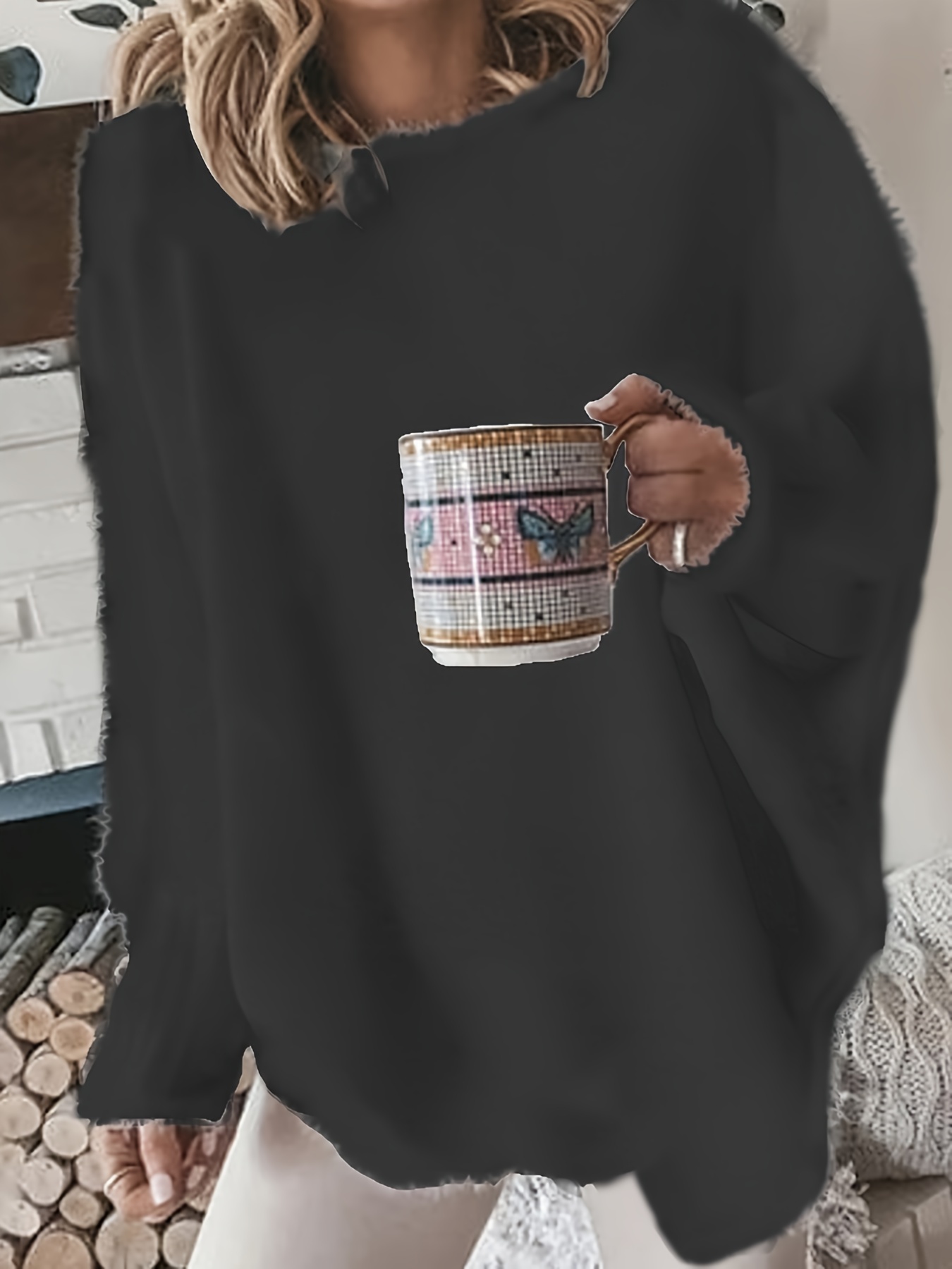 plus size casual sweater womens plus solid fluffy round neck long sleeve sweater details 9