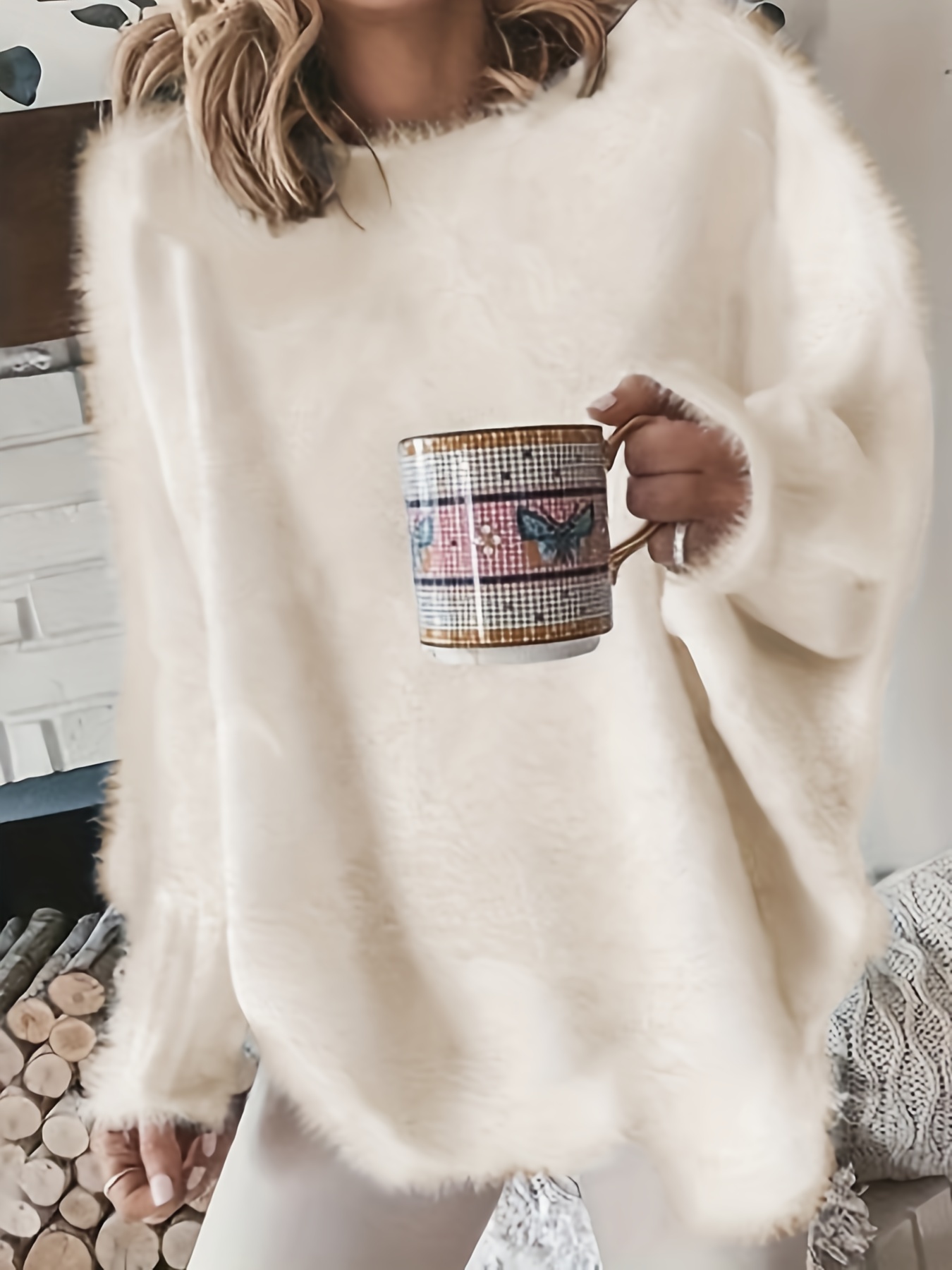 plus size casual sweater womens plus solid fluffy round neck long sleeve sweater details 12