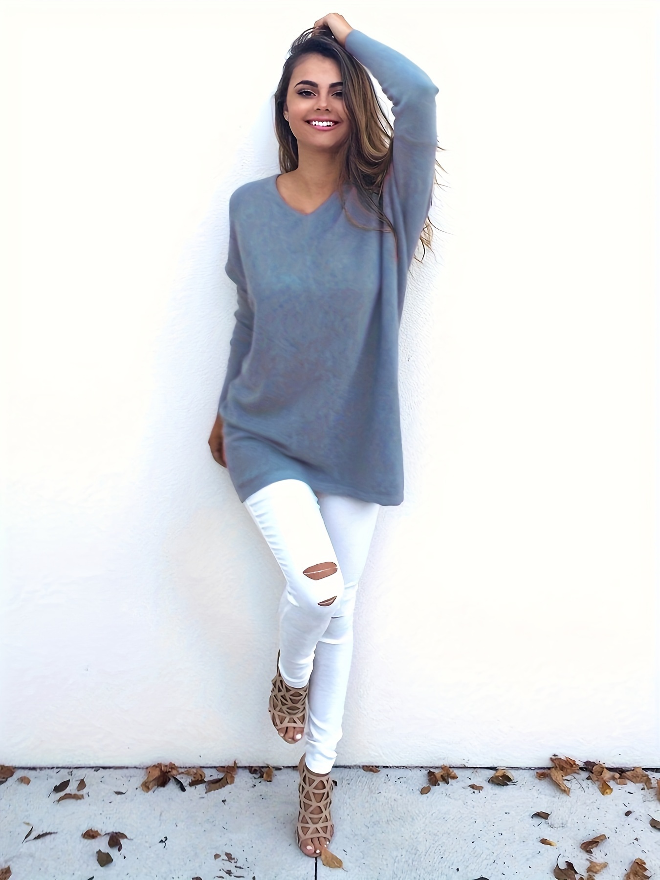 plus size casual sweater womens plus solid long sleeve v neck slight stretch loose pullover jumper details 3