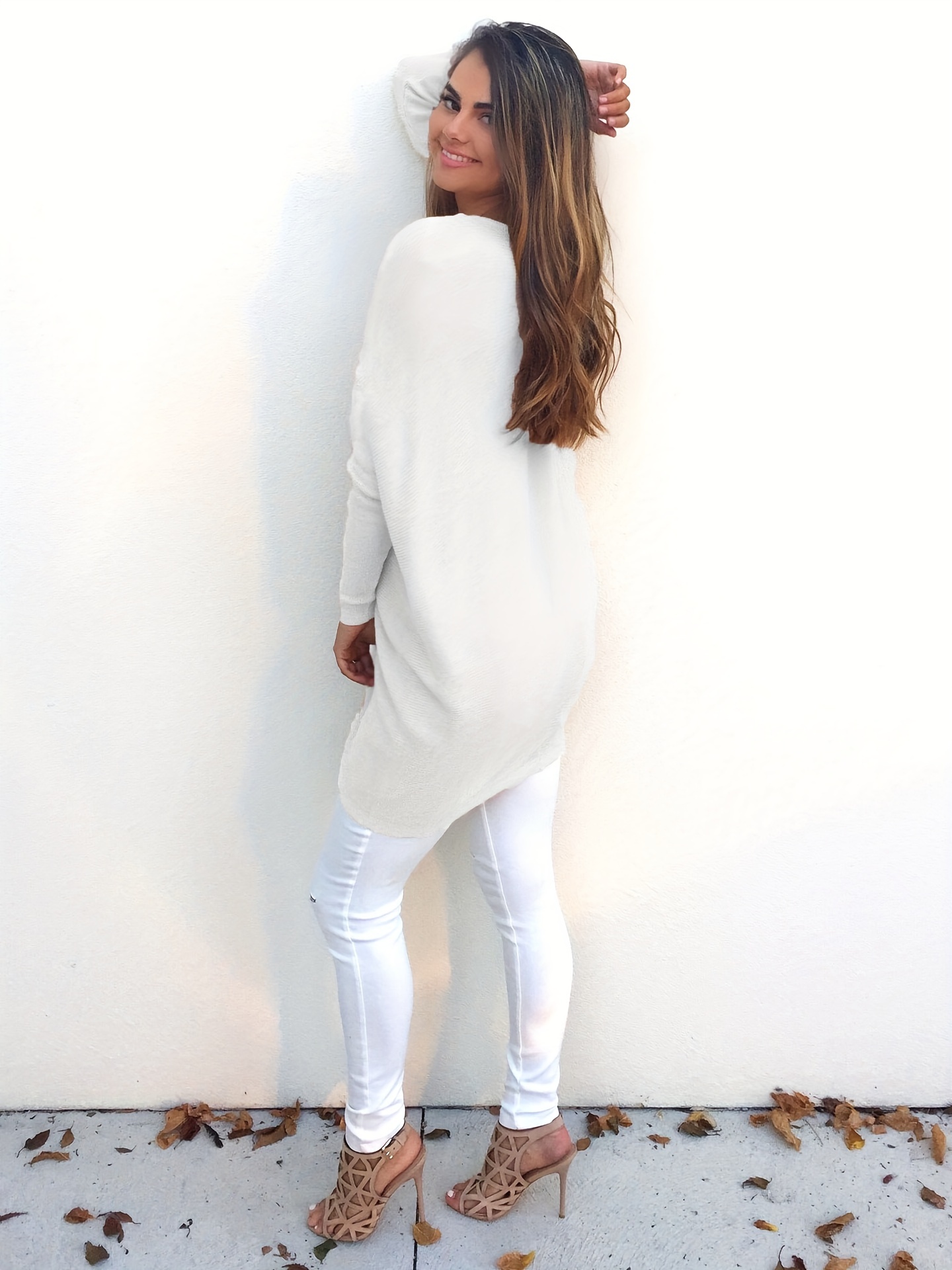 plus size casual sweater womens plus solid long sleeve v neck slight stretch loose pullover jumper details 7