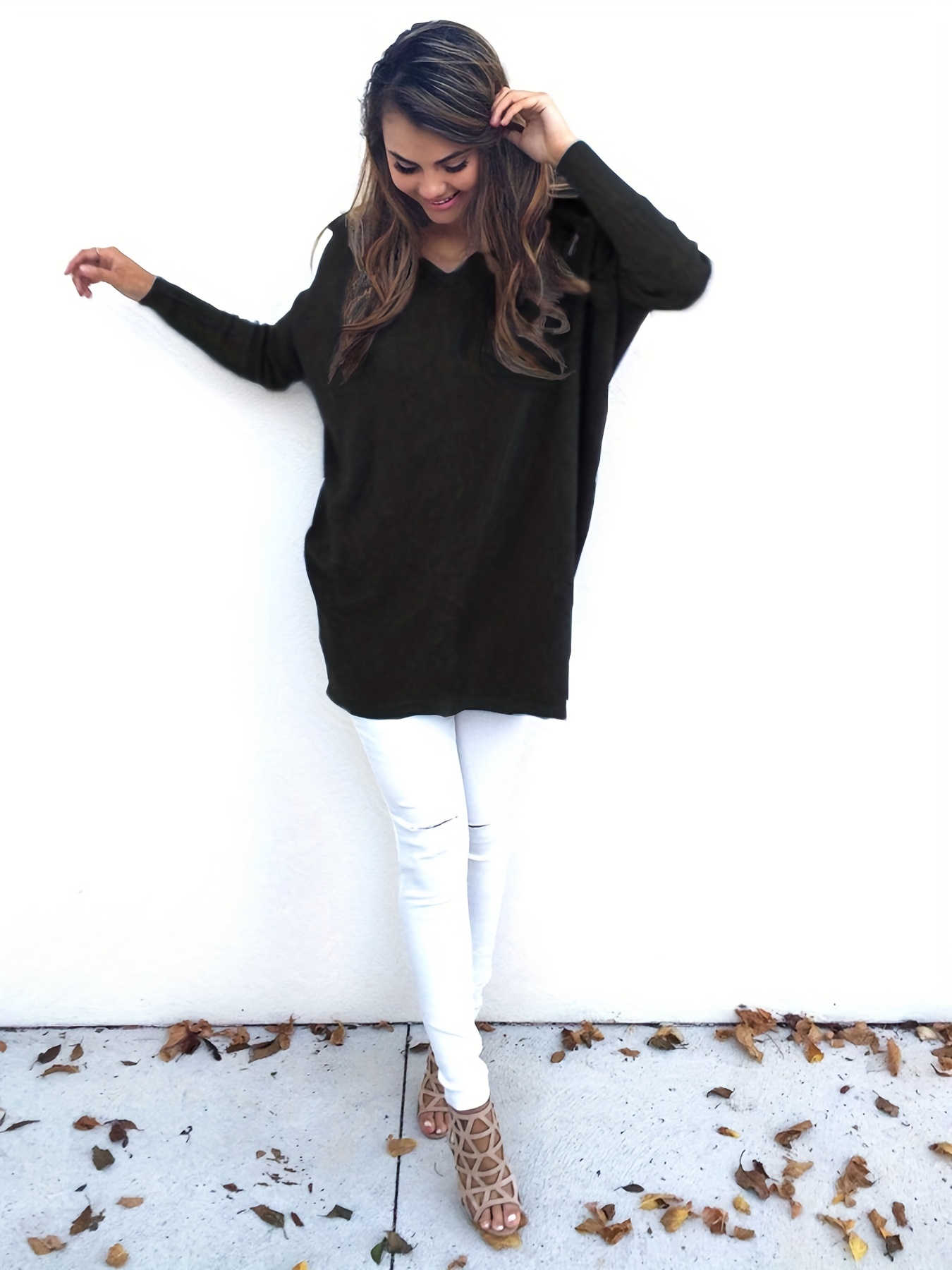 plus size casual sweater womens plus solid long sleeve v neck slight stretch loose pullover jumper details 10