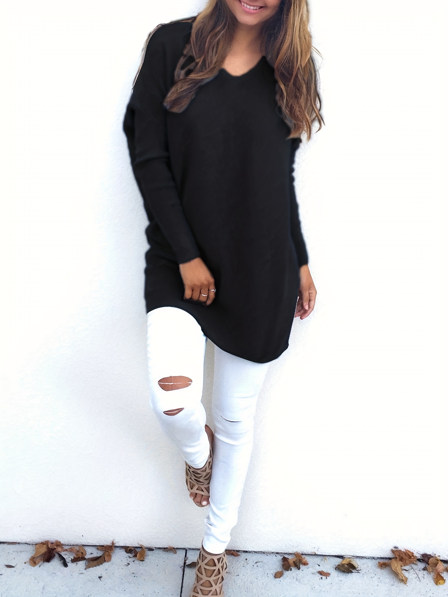 plus size casual sweater womens plus solid long sleeve v neck slight stretch loose pullover jumper details 12
