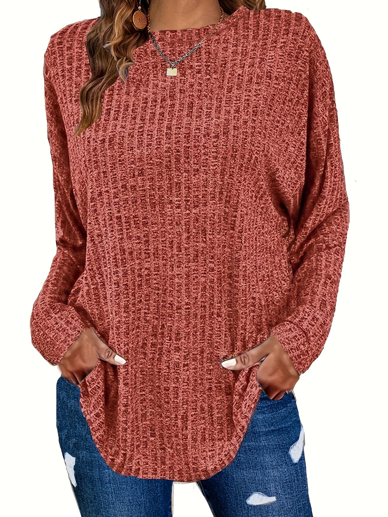 plus size casual sweater womens plus solid ribbed long sleeve round neck knit top details 3