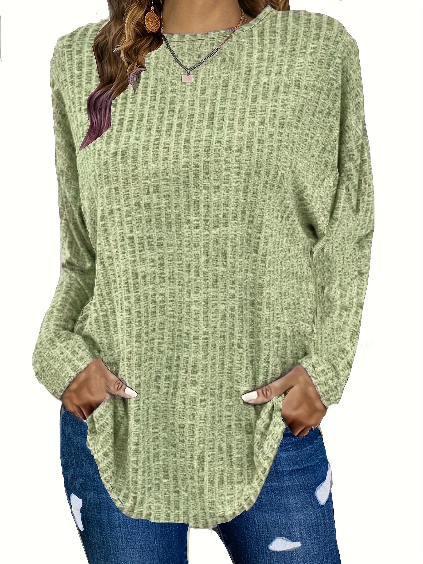 plus size casual sweater womens plus solid ribbed long sleeve round neck knit top details 9