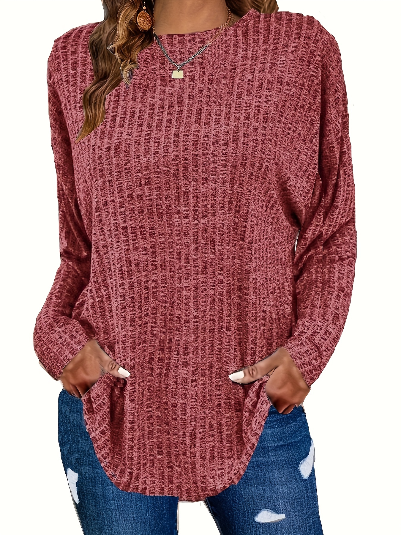 plus size casual sweater womens plus solid ribbed long sleeve round neck knit top details 32