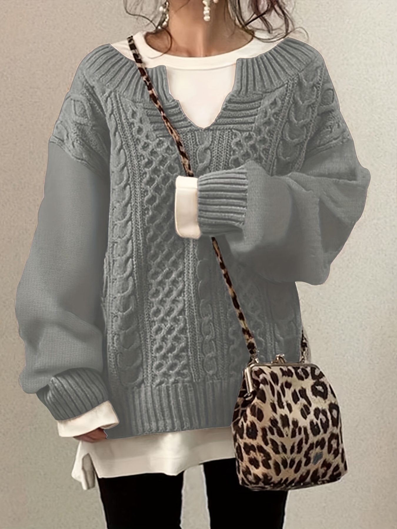 plus size casual sweater womens plus solid jacquard long sleeve notched neck slight stretch sweater details 0