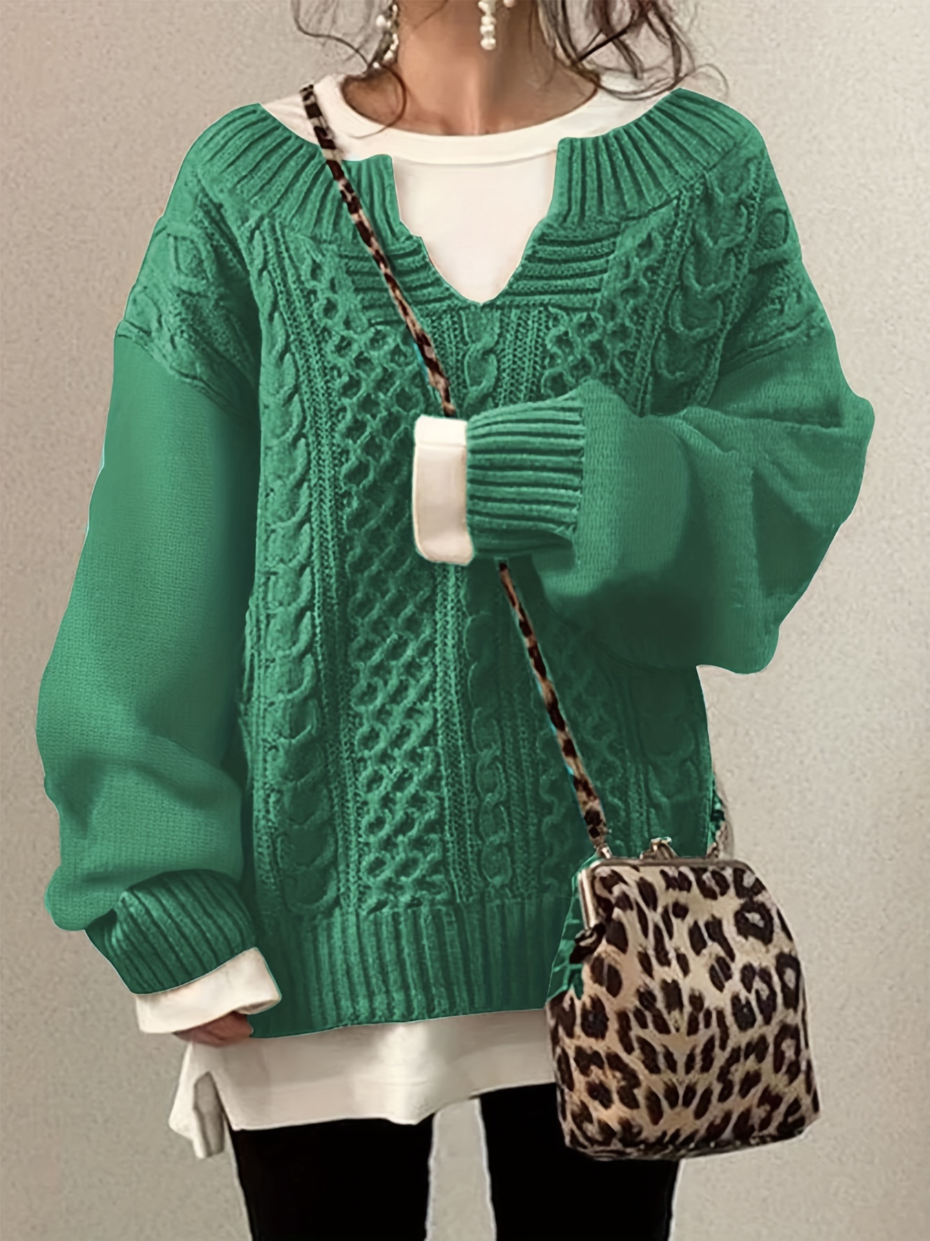 plus size casual sweater womens plus solid jacquard long sleeve notched neck slight stretch sweater details 5