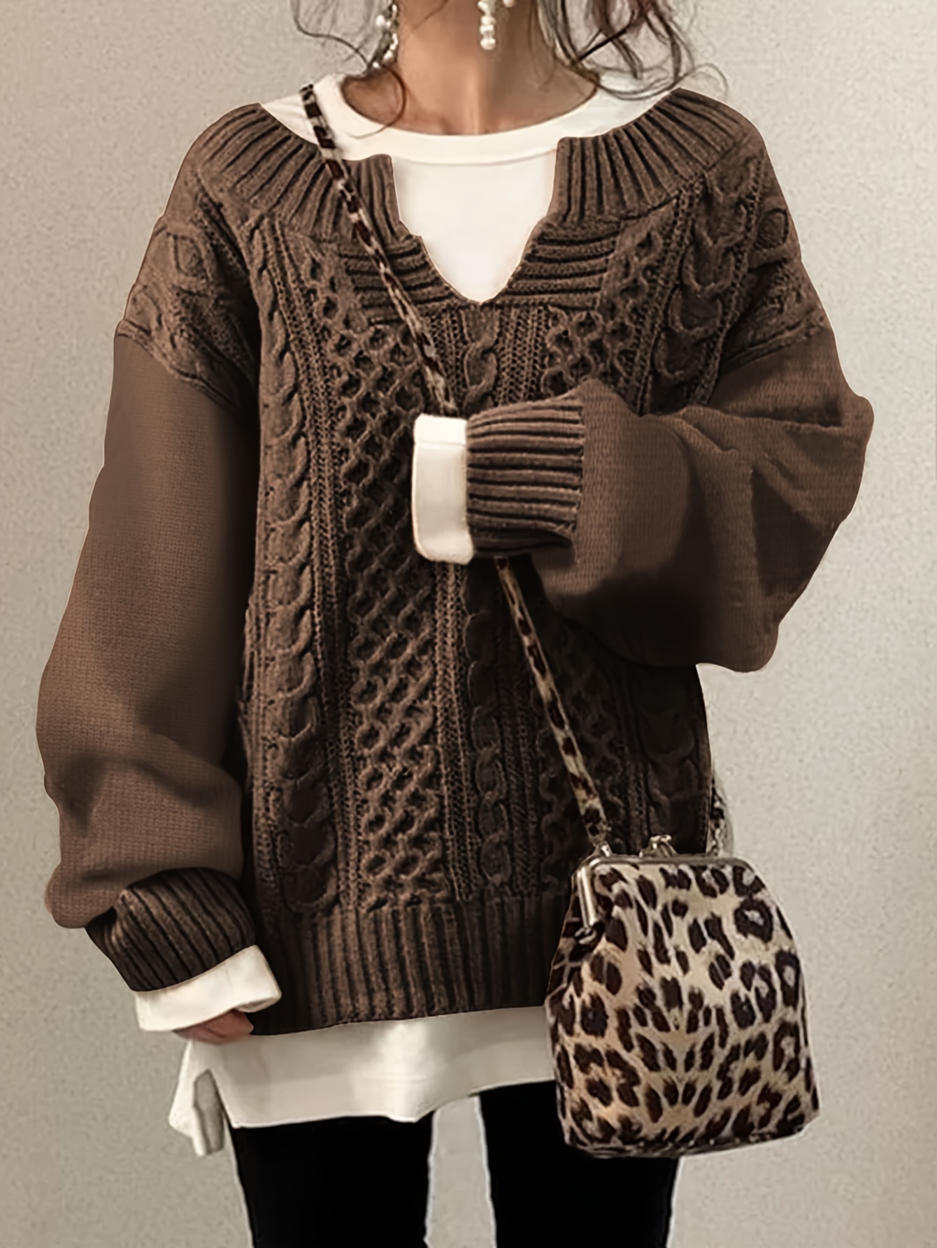 plus size casual sweater womens plus solid jacquard long sleeve notched neck slight stretch sweater details 11