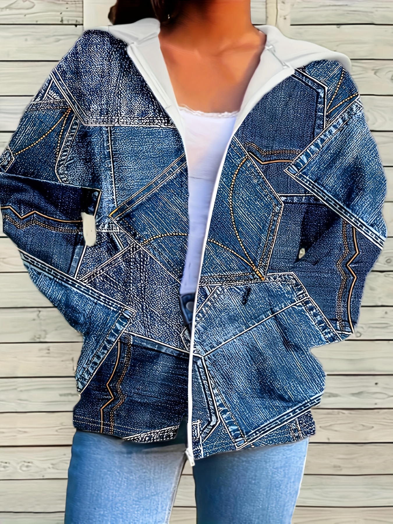 plus size casual coat womens plus denim effect print hoodie long sleeve coat with pockets details 1