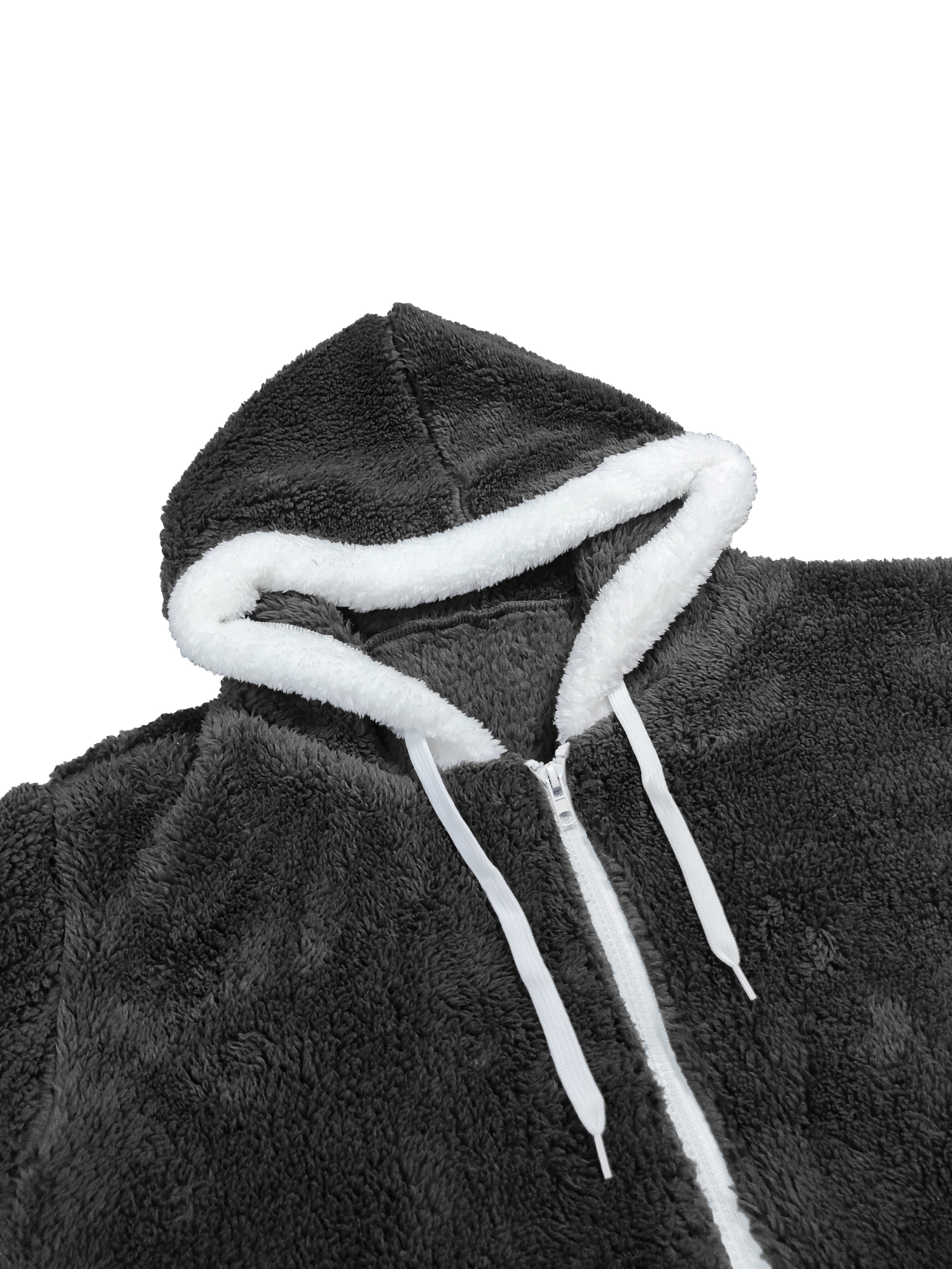 plus size casual coat womens plus solid teddy fleece drawstring hoodie long sleeve zip up loose fit coat details 4