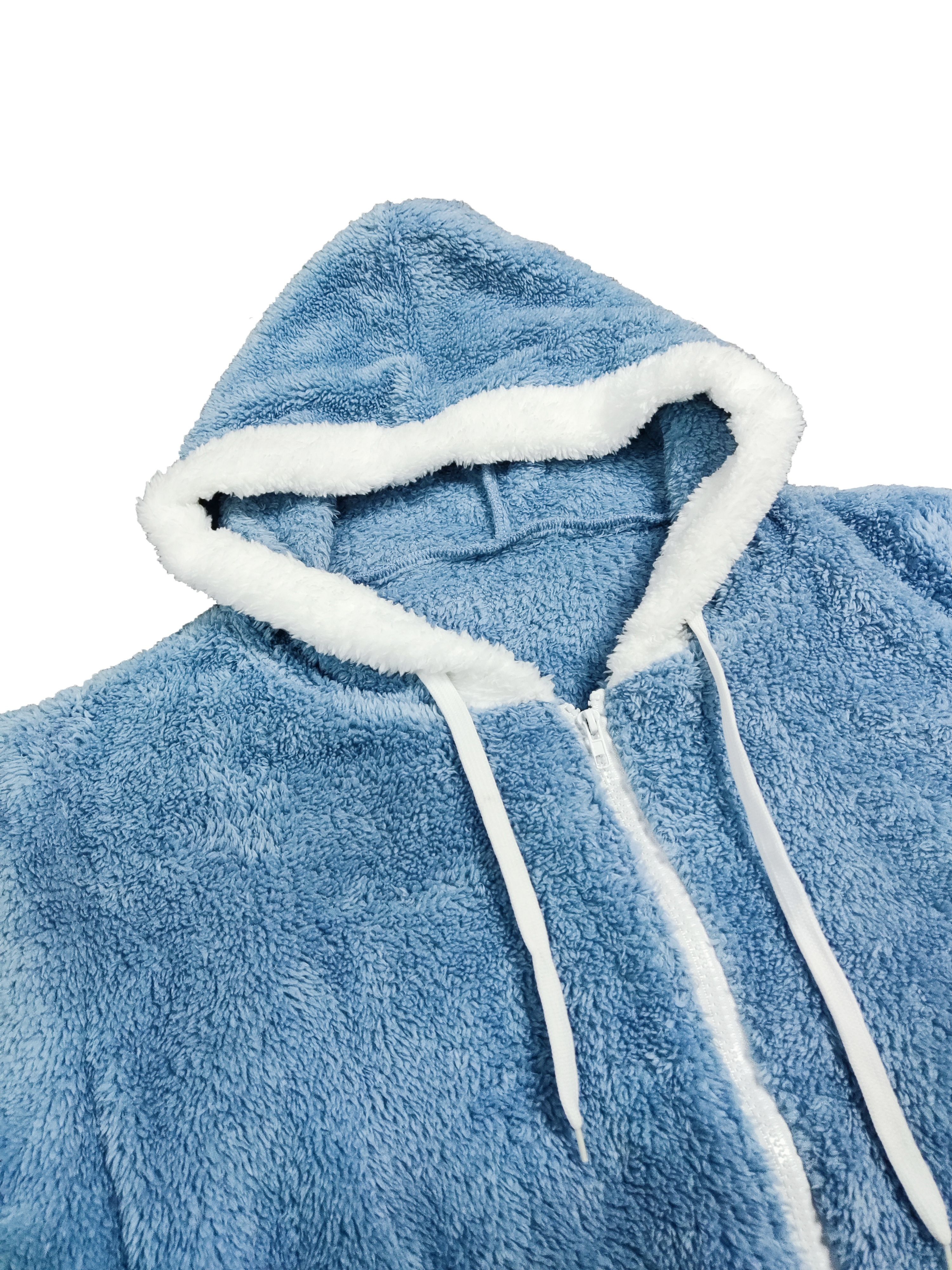 plus size casual coat womens plus solid teddy fleece drawstring hoodie long sleeve zip up loose fit coat details 7