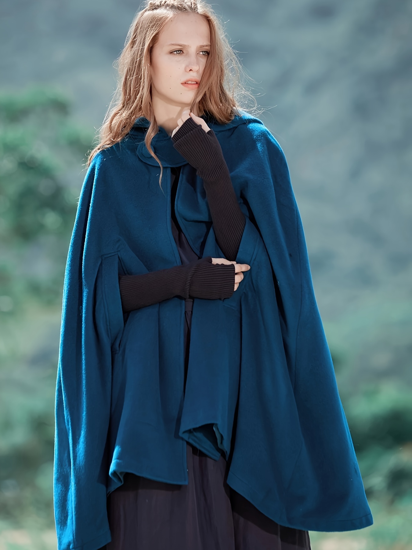 plus size elegant coat womens plus solid split cape sleeve button detail hooded shawl coat details 0