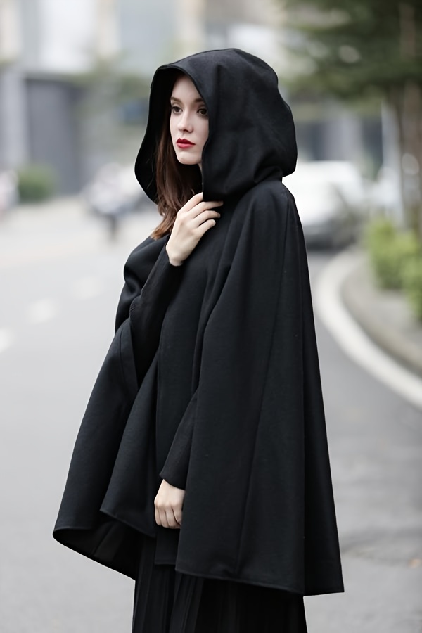 plus size elegant coat womens plus solid split cape sleeve button detail hooded shawl coat details 2