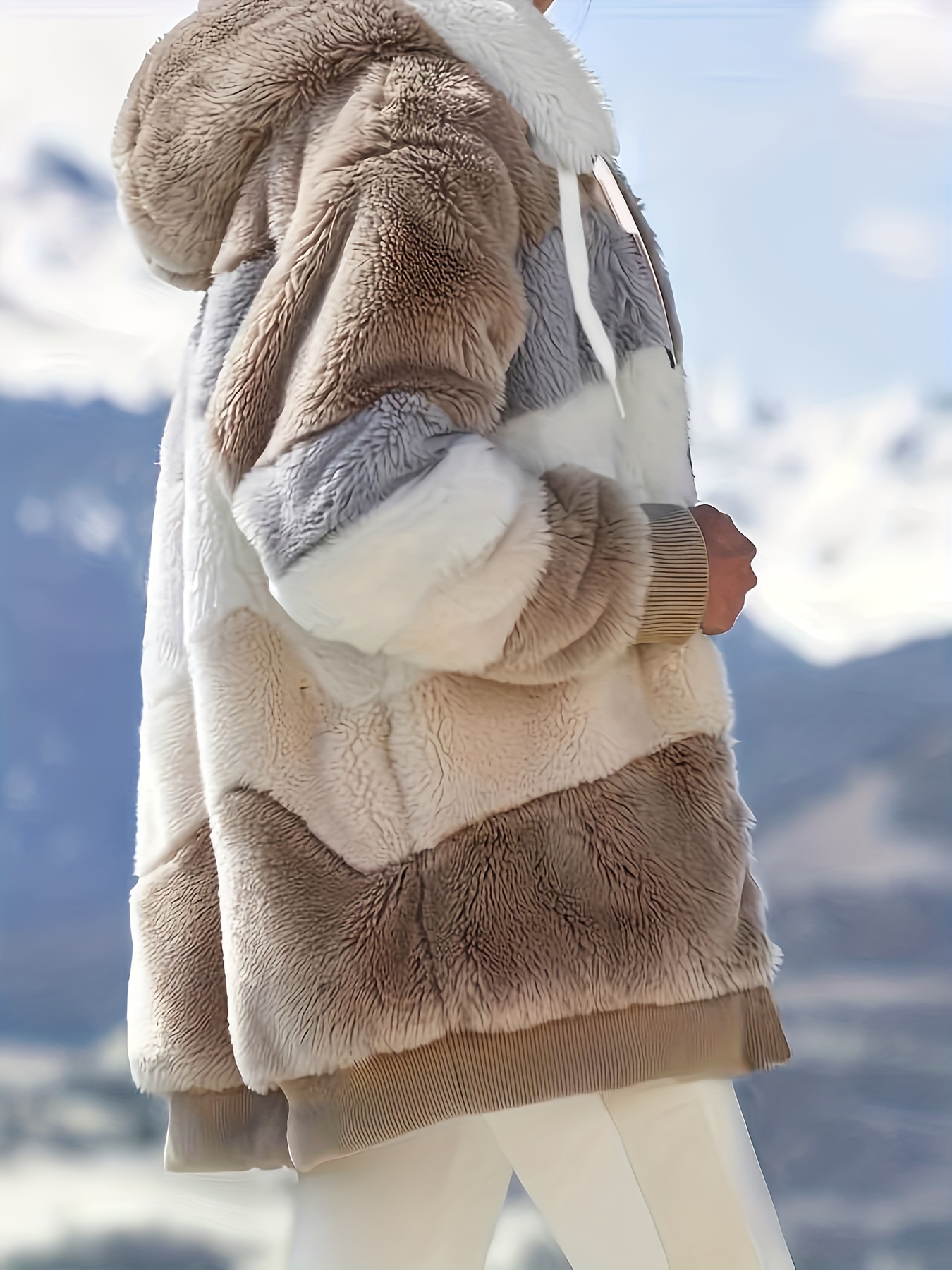 plus size casual coat womens plus colorblock plush zip up long sleeve drawstring hooded coat details 1