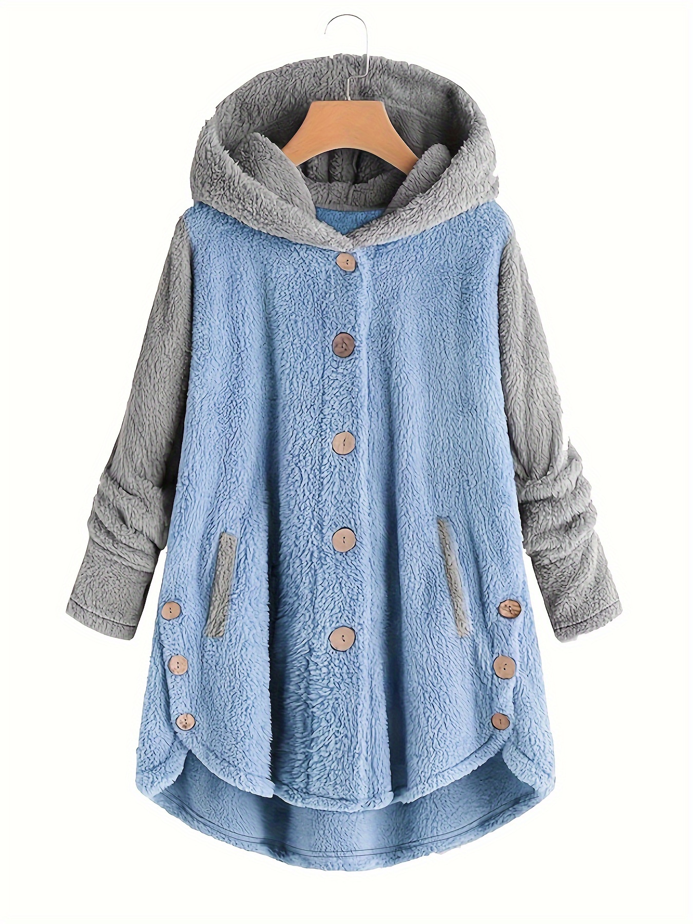 plus size casual coat womens plus colorblock long sleeve button up hooded teddy coat details 0