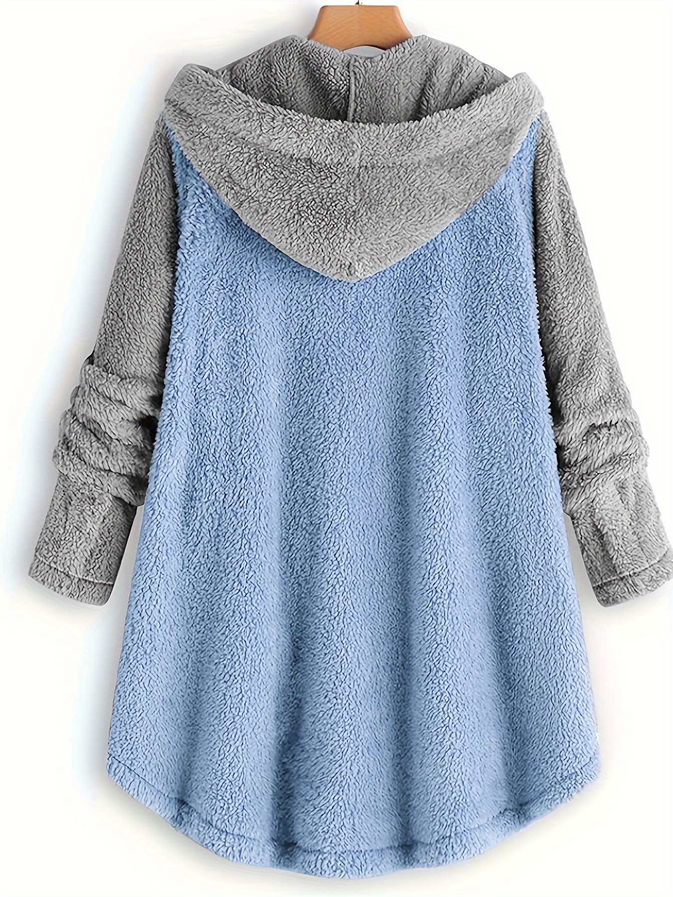 plus size casual coat womens plus colorblock long sleeve button up hooded teddy coat details 1