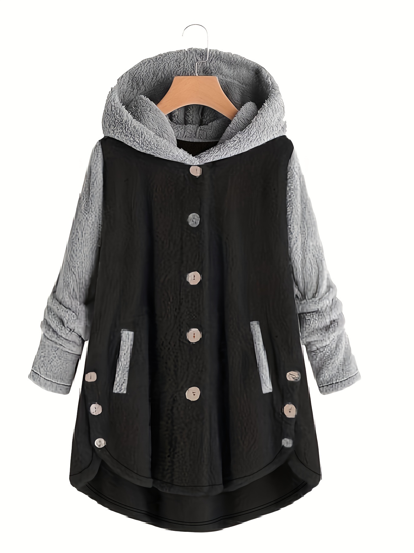 plus size casual coat womens plus colorblock long sleeve button up hooded teddy coat details 3