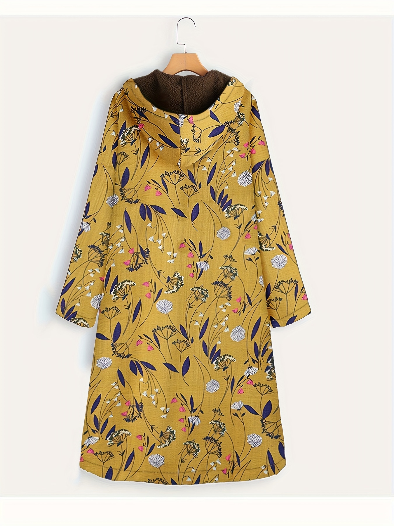 plus size boho coat womens plus floral print fleece liner long sleeve hooded zip up longline overcoat with pockets details 4