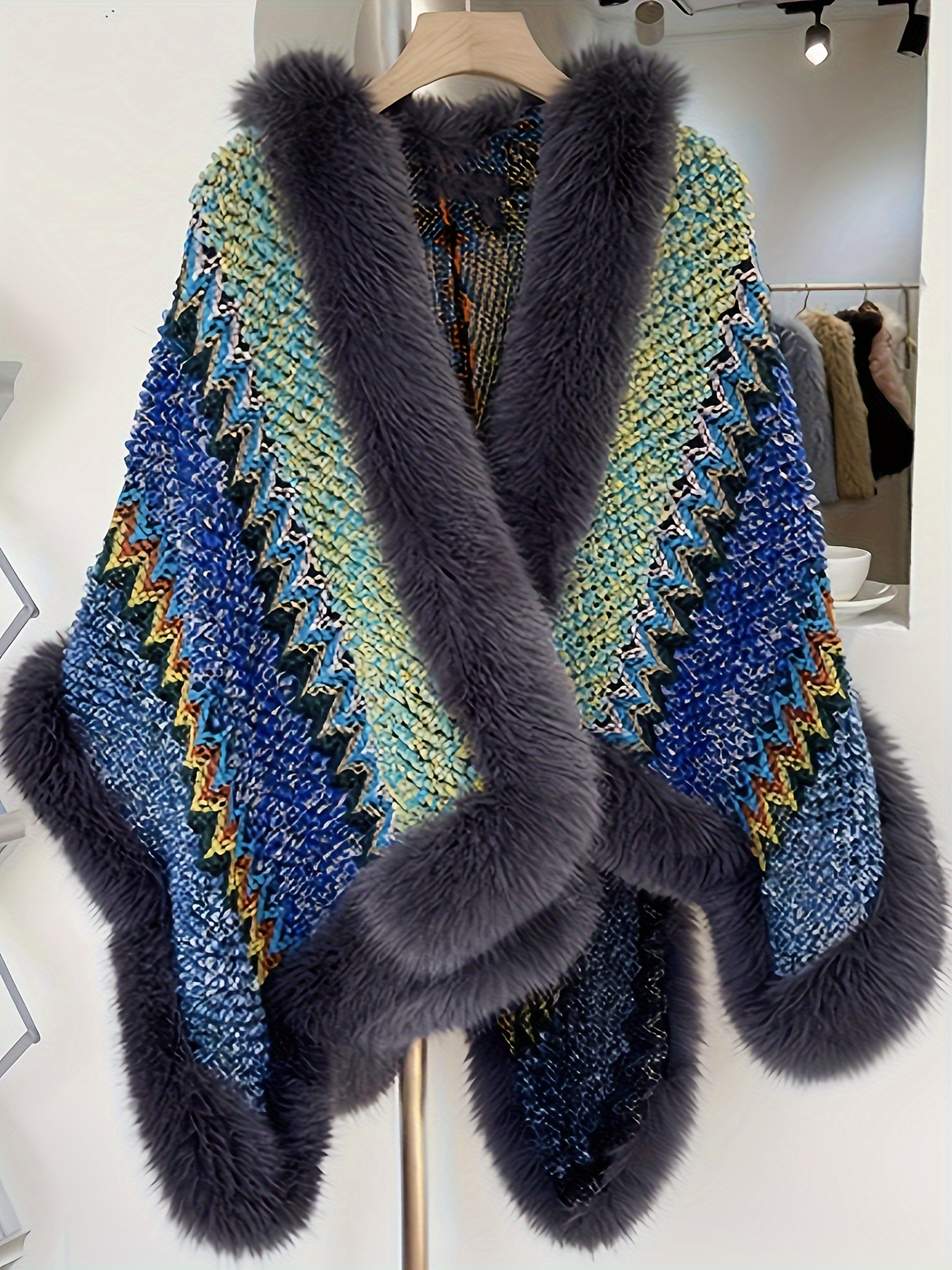 plus size fuzzy trim cape cardigan casual open front shawl outwear womens plus size clothing details 0