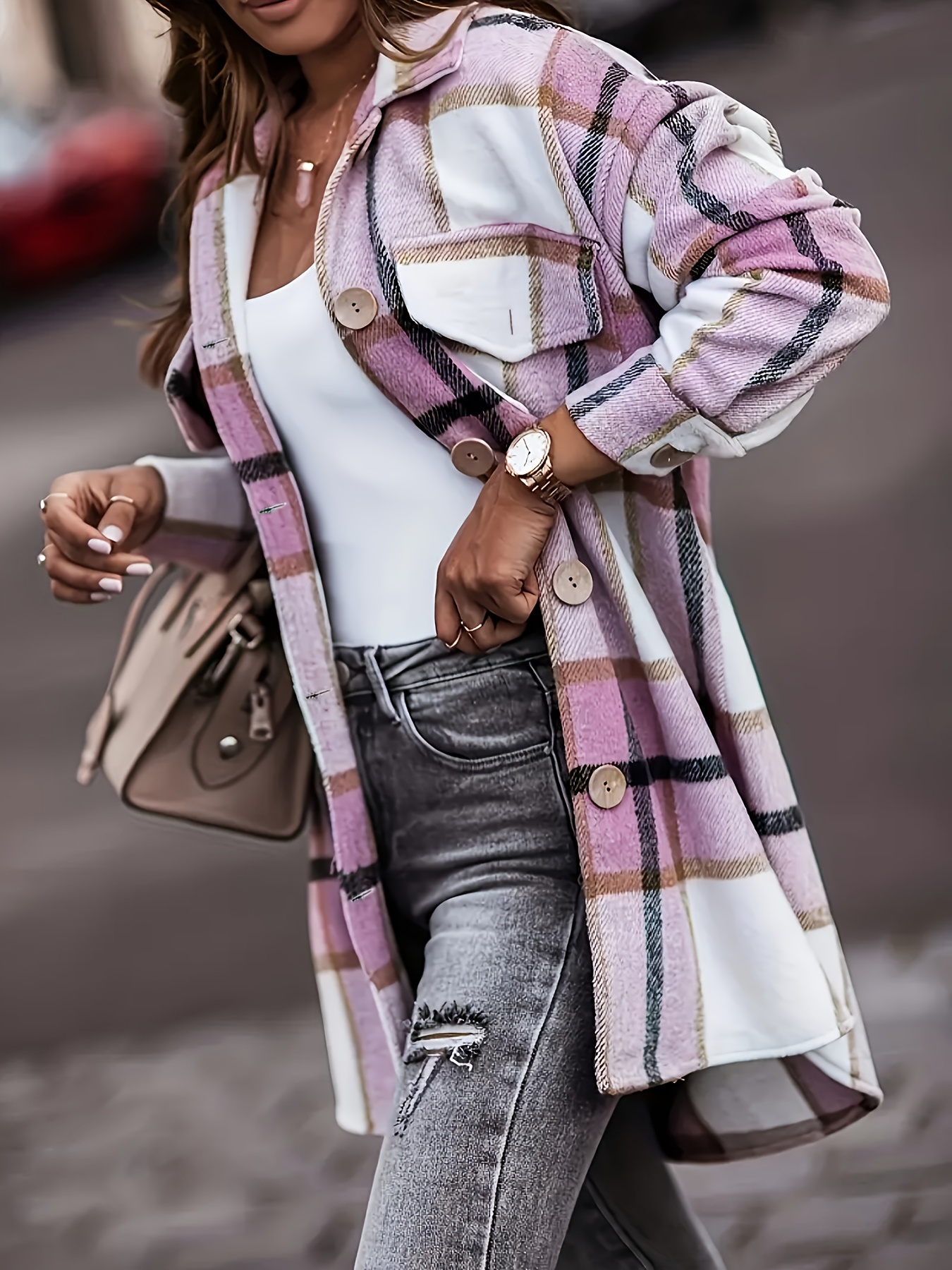 plus size casual coat womens plus plaid print long sleeve button up lapel collar tunic coat details 1