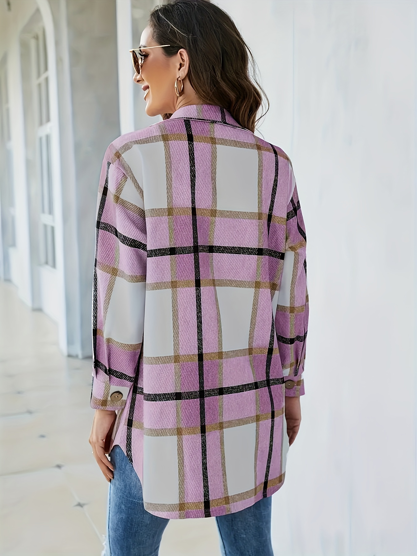 plus size casual coat womens plus plaid print long sleeve button up lapel collar tunic coat details 2