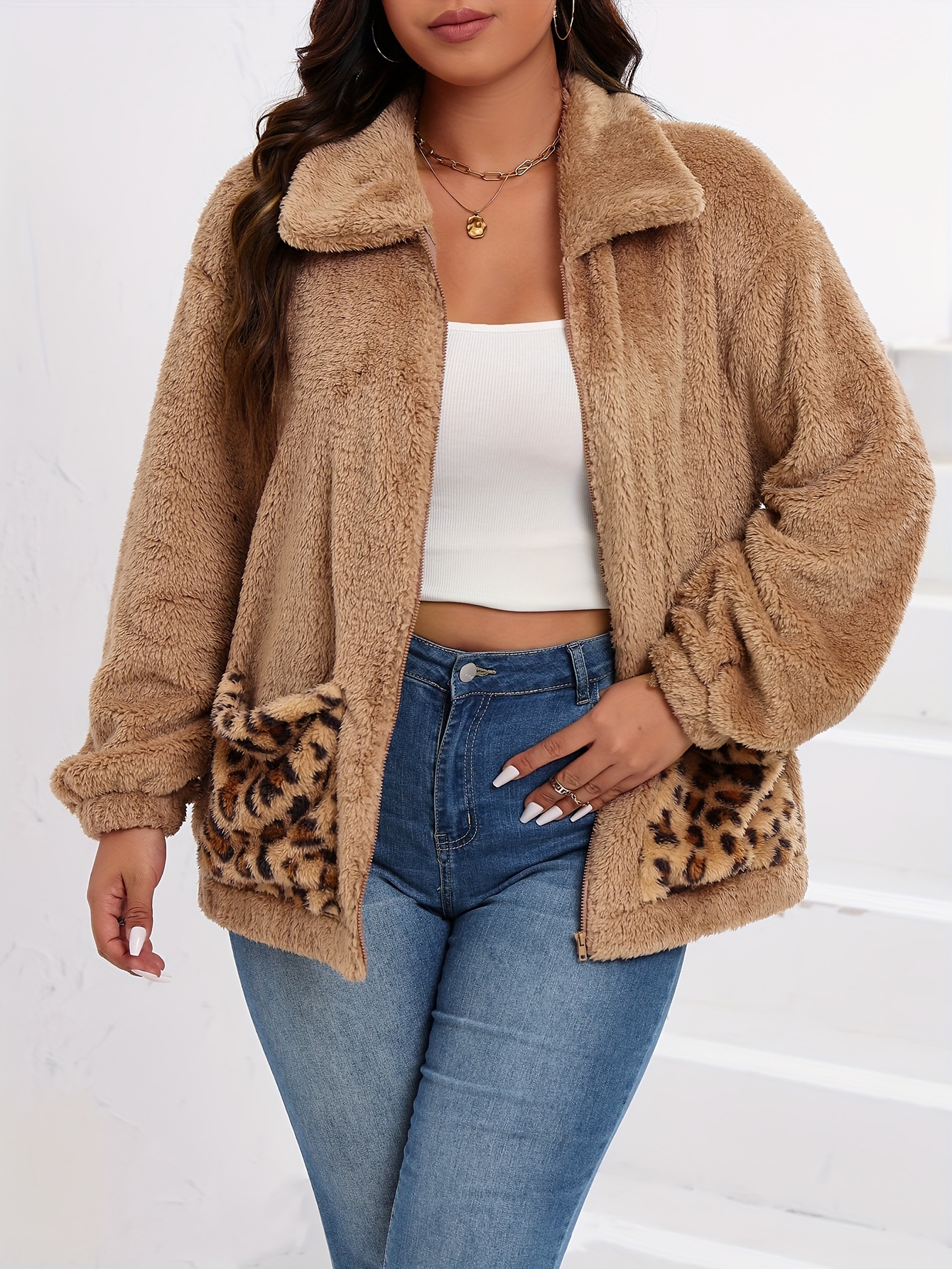 plus size casual coat womens plus colorblock leopard print teddy fleece long sleeve zip up lapel collar coat with pockets details 4