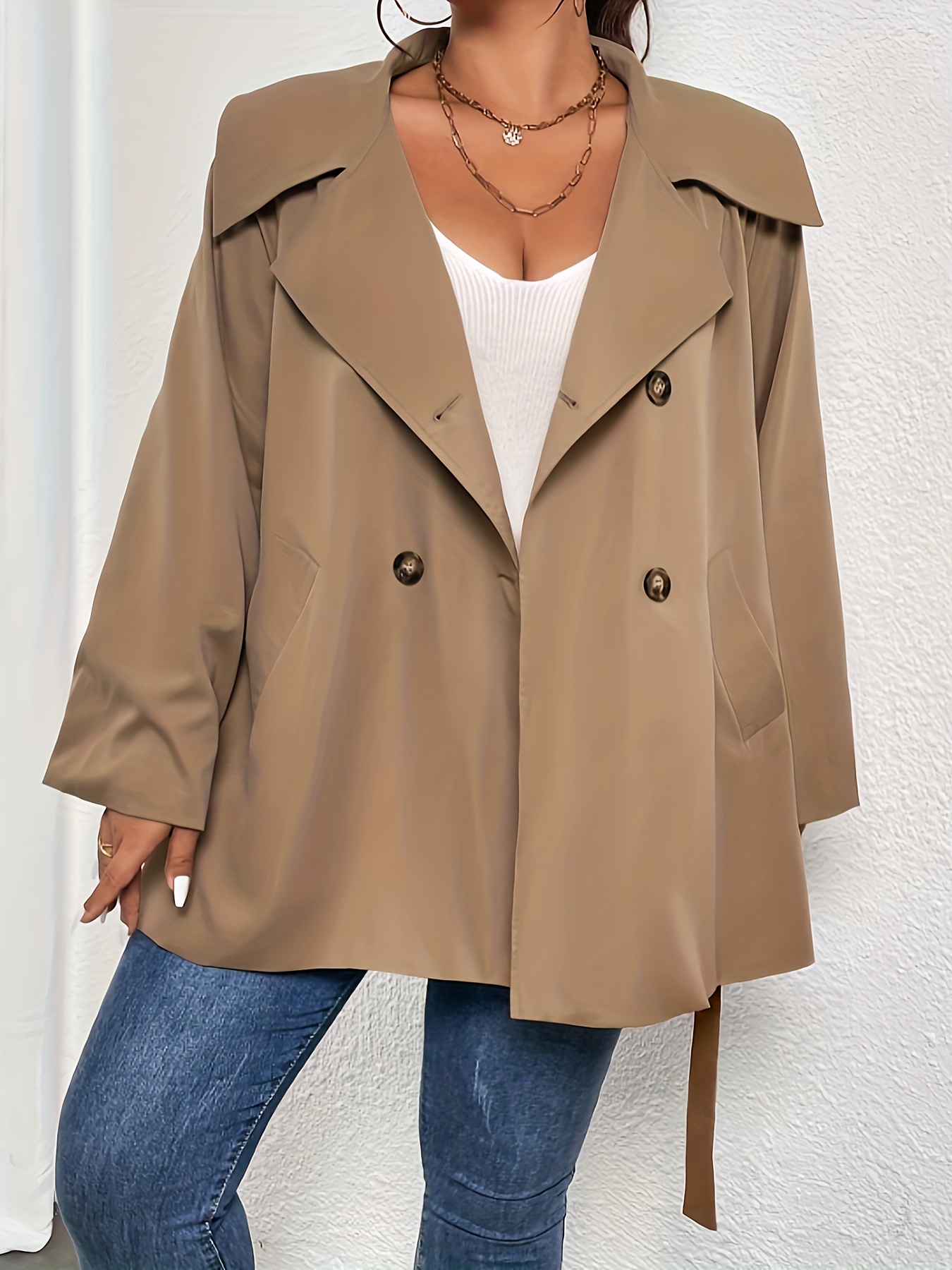 plus size casual trench coat womens plus solid long sleeve lapel collar double breast button belted trench coat with pockets details 1