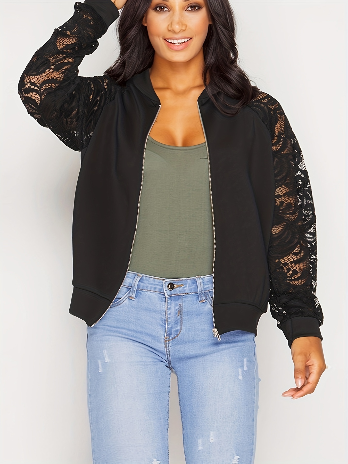 plus size casual coat womens plus contrast lace long sleeve mock neck zipper jacket coat details 4