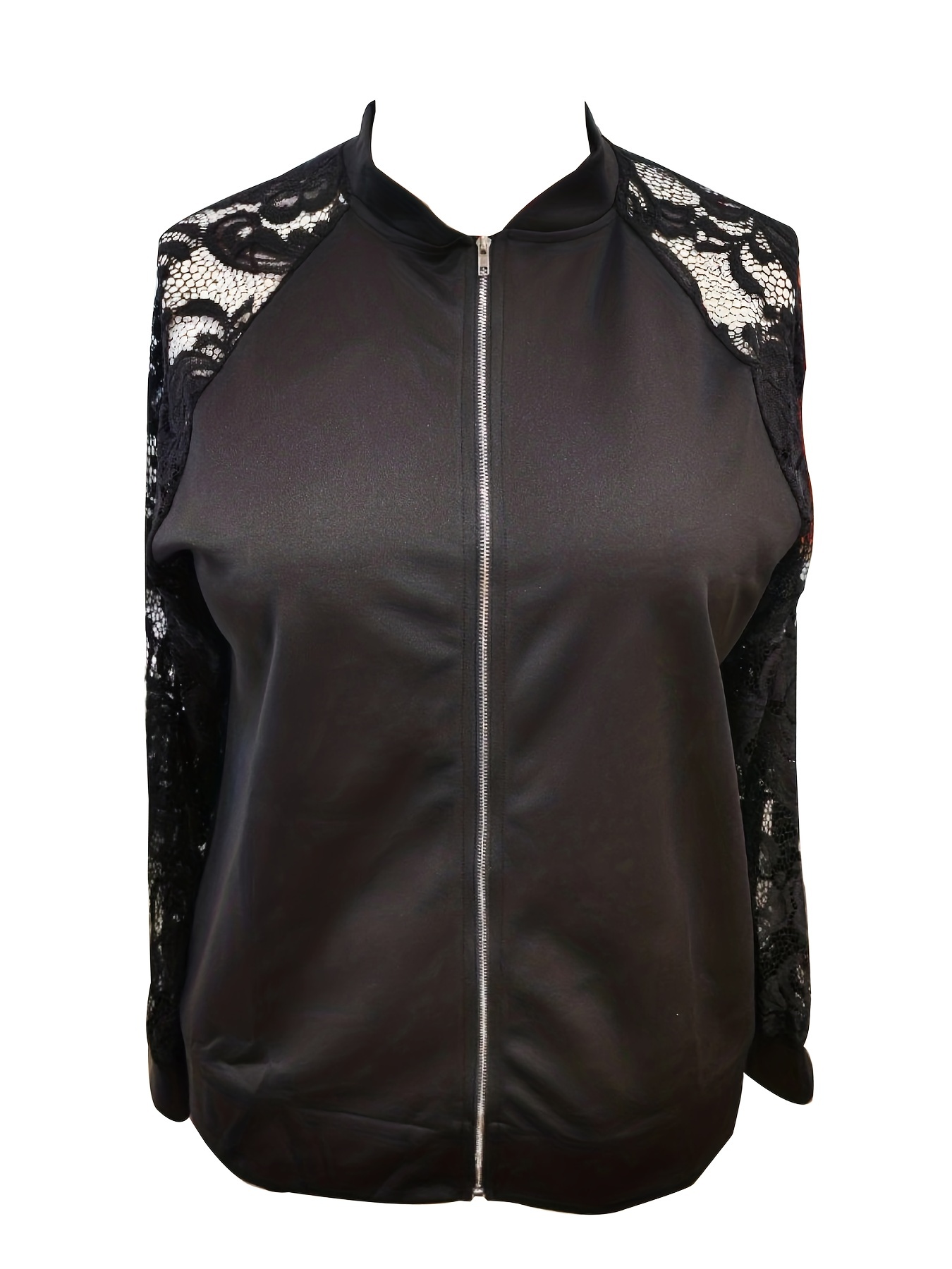 plus size casual coat womens plus contrast lace long sleeve mock neck zipper jacket coat details 5