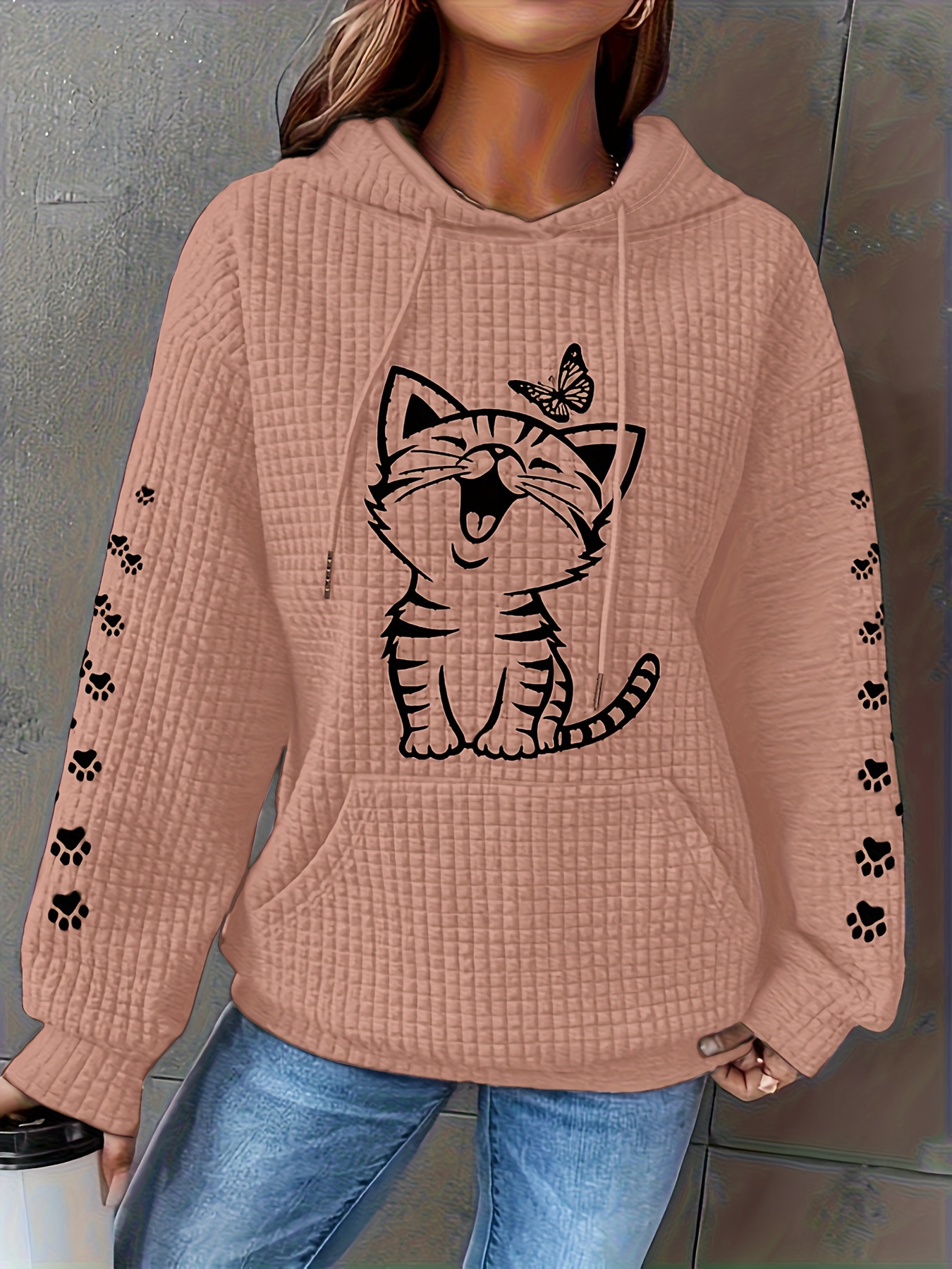 plus size casual sweatshirt womens plus cat butterfly print waffle pattern long sleeve drawstring hoodie with pockets details 0