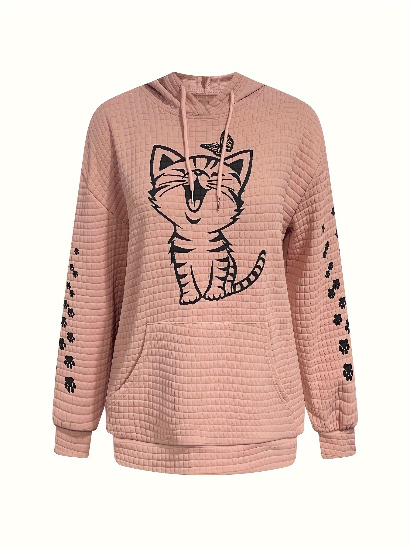 plus size casual sweatshirt womens plus cat butterfly print waffle pattern long sleeve drawstring hoodie with pockets details 1