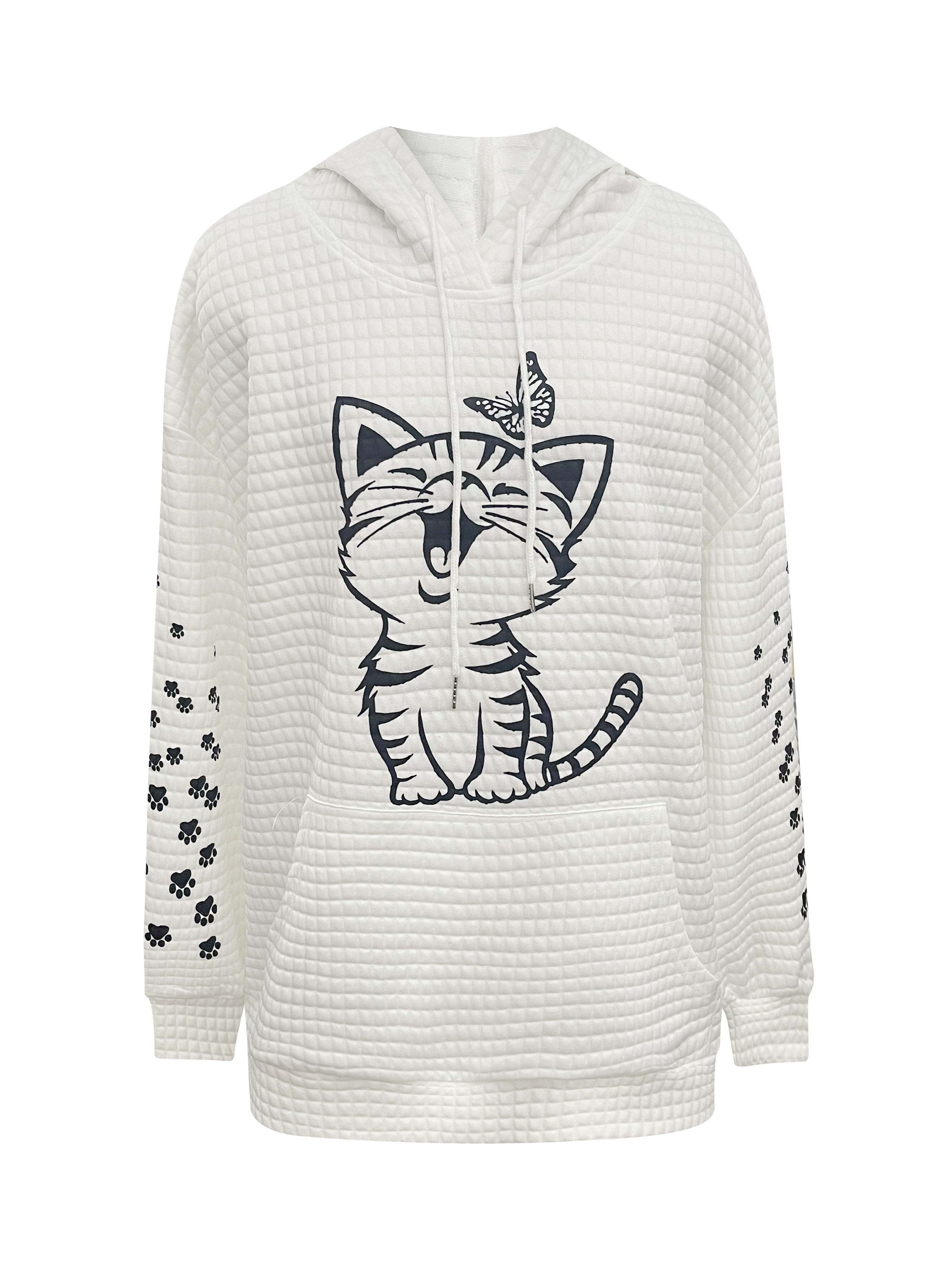plus size casual sweatshirt womens plus cat butterfly print waffle pattern long sleeve drawstring hoodie with pockets details 9