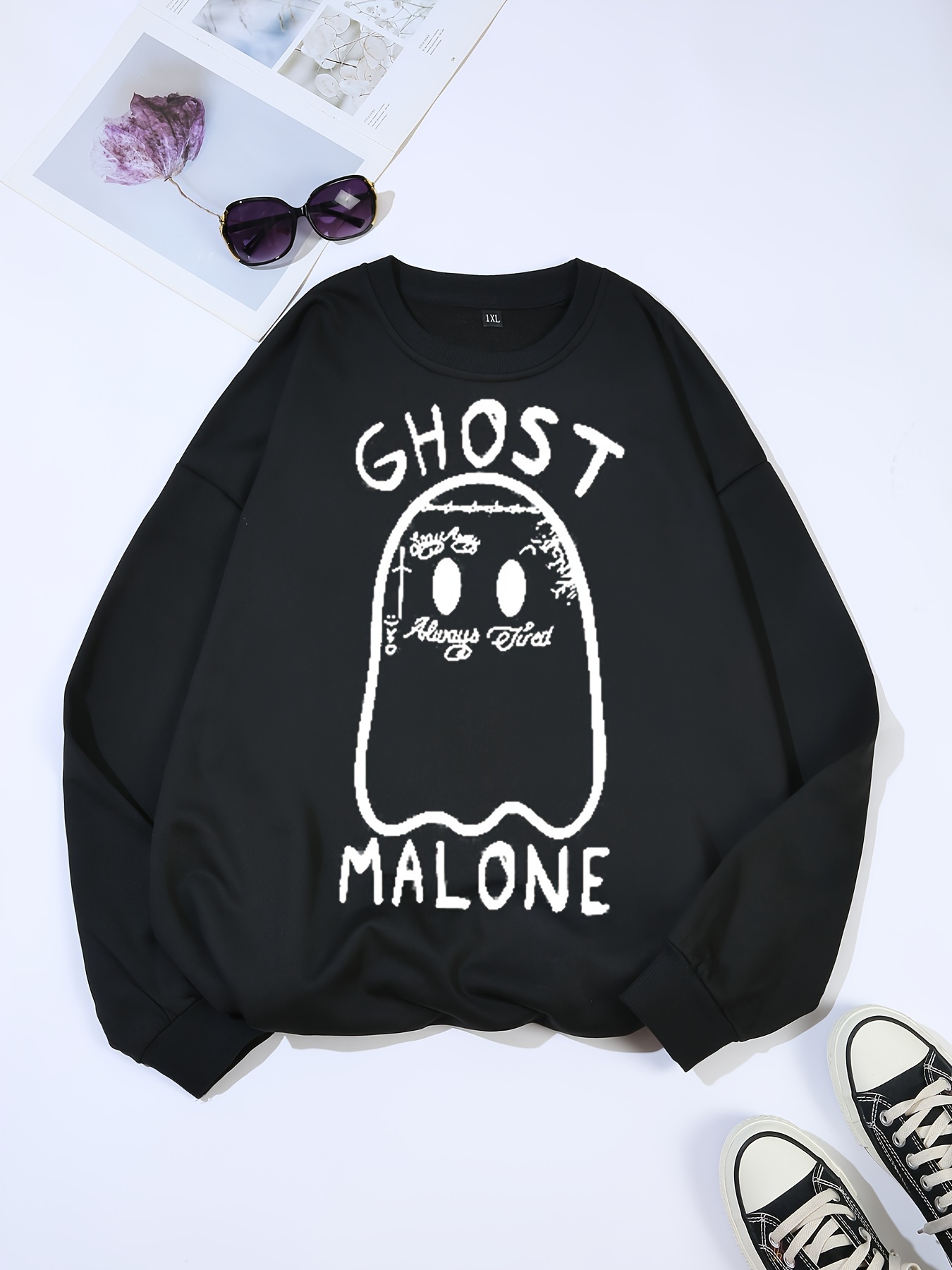 plus size cartoon ghost print sweatshirt crew neck casual sweatshirt for fall spring womens plus size clothing details 21
