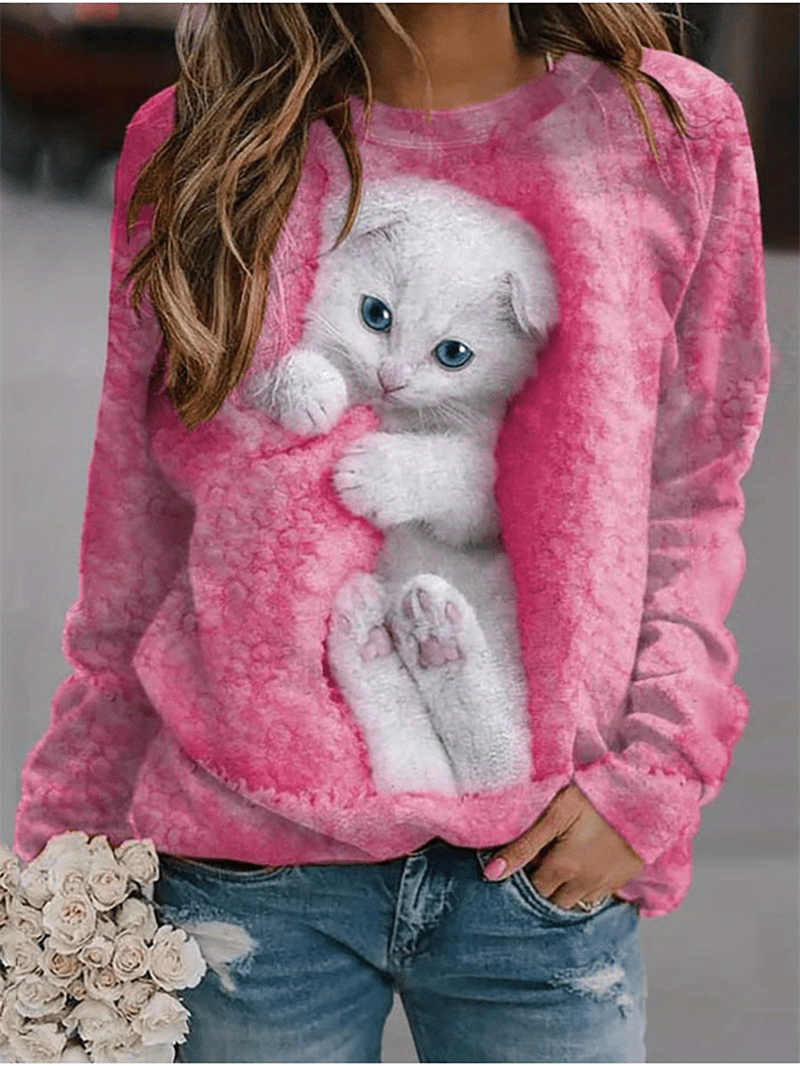 plus size kawaii sweatshirt womens plus cat print long sleeve round neck sweatshirt details 2
