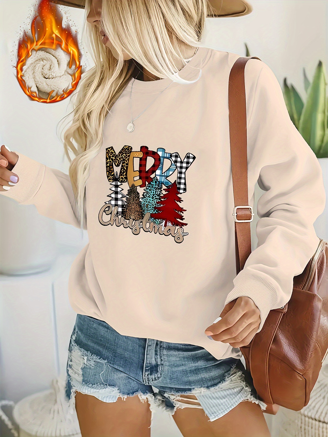 womens christmas casual sweatshirt plus size slogan tree print fleece liner long sleeve round neck sweatshirt details 0