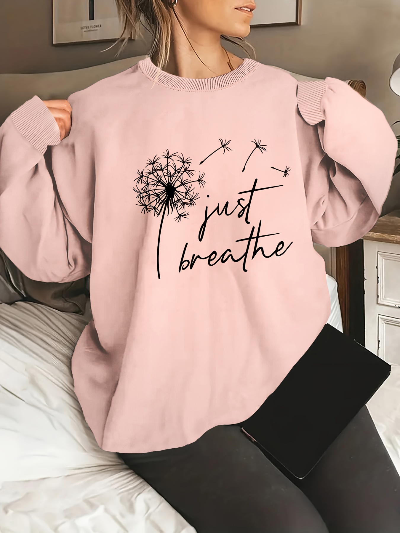 plus size dandelion print sweatshirt casual long sleeve crew neck pullover sweatshirt womens plus size clothing details 4