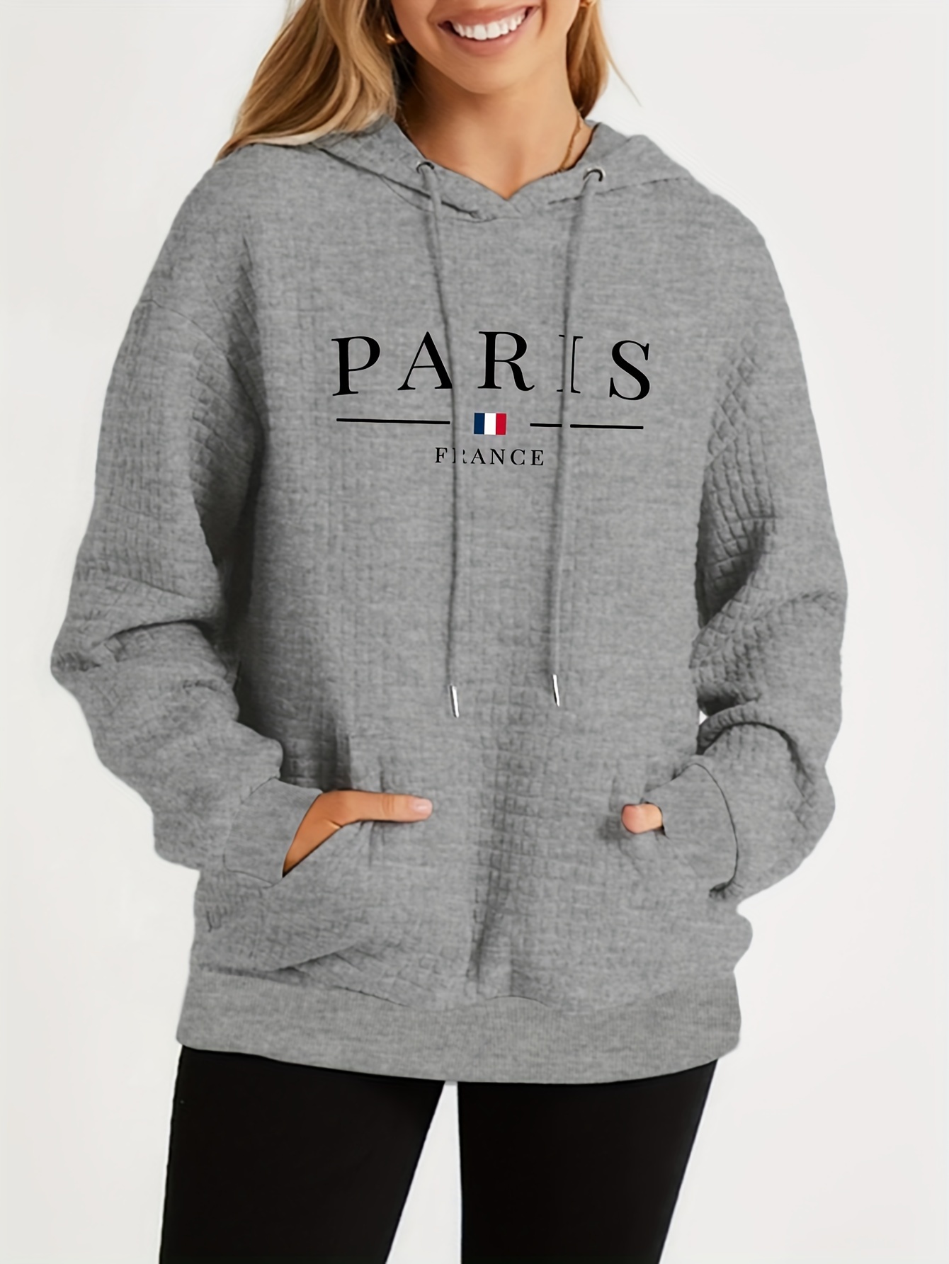 plus size letter paris print hoodie casual kangaroo pocket long sleeve hooded sweatshirt womens plus size clothing details 15