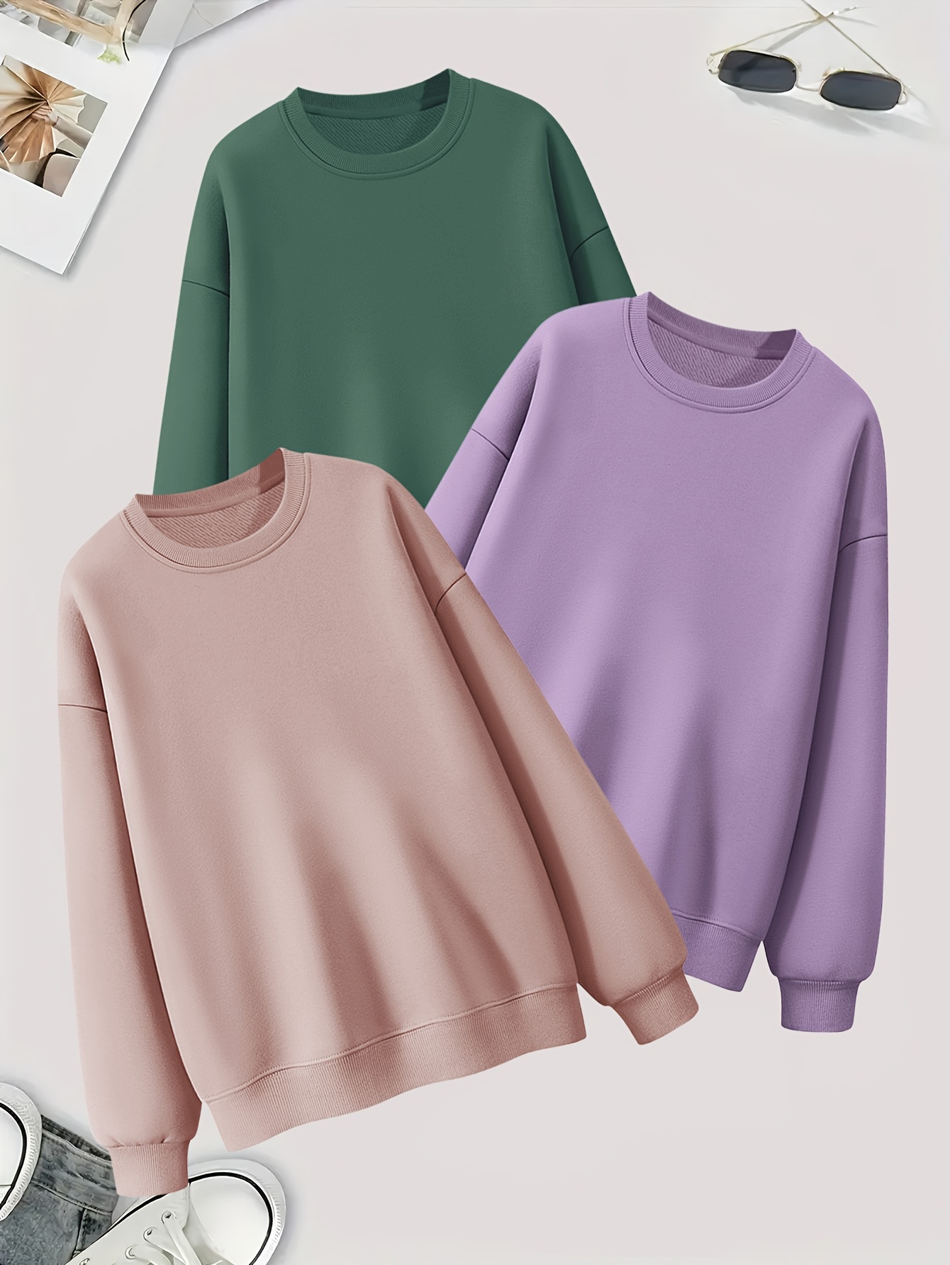 3 packs plus size solid pullover sweatshirt casual long sleeve crew neck sweatshirt womens plus size clothing details 14
