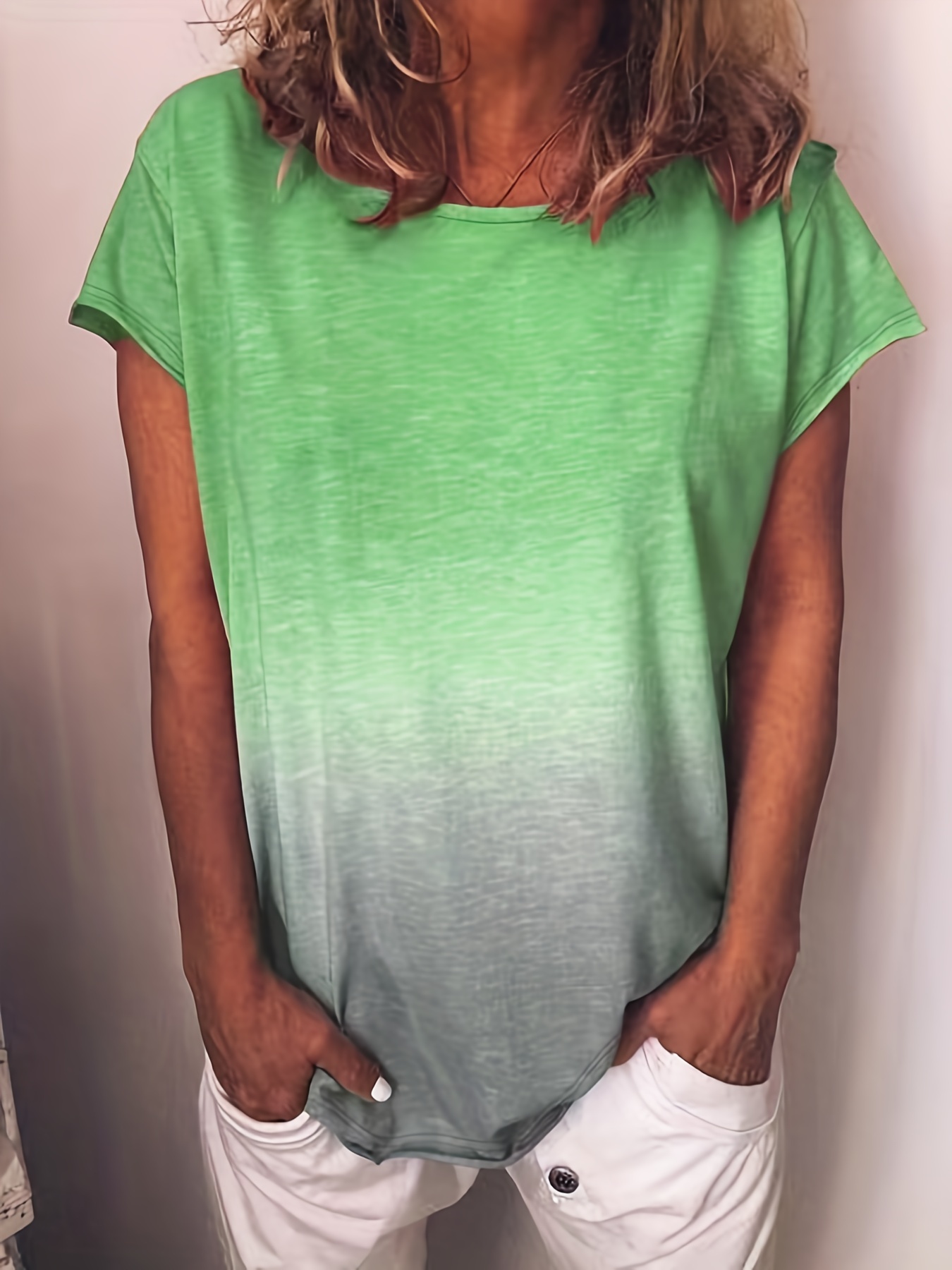 plus size casual t shirt womens plus ombre print short sleeve round neck slight stretch tee details 3