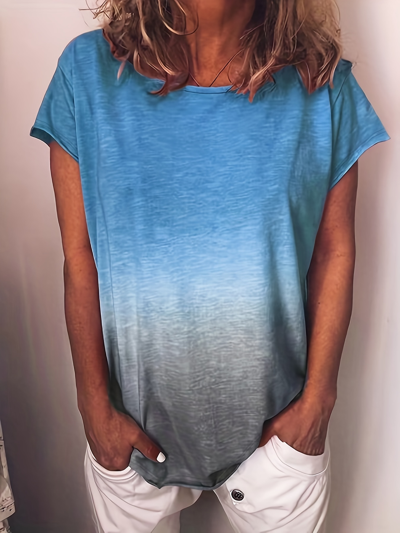 plus size casual t shirt womens plus ombre print short sleeve round neck slight stretch tee details 19