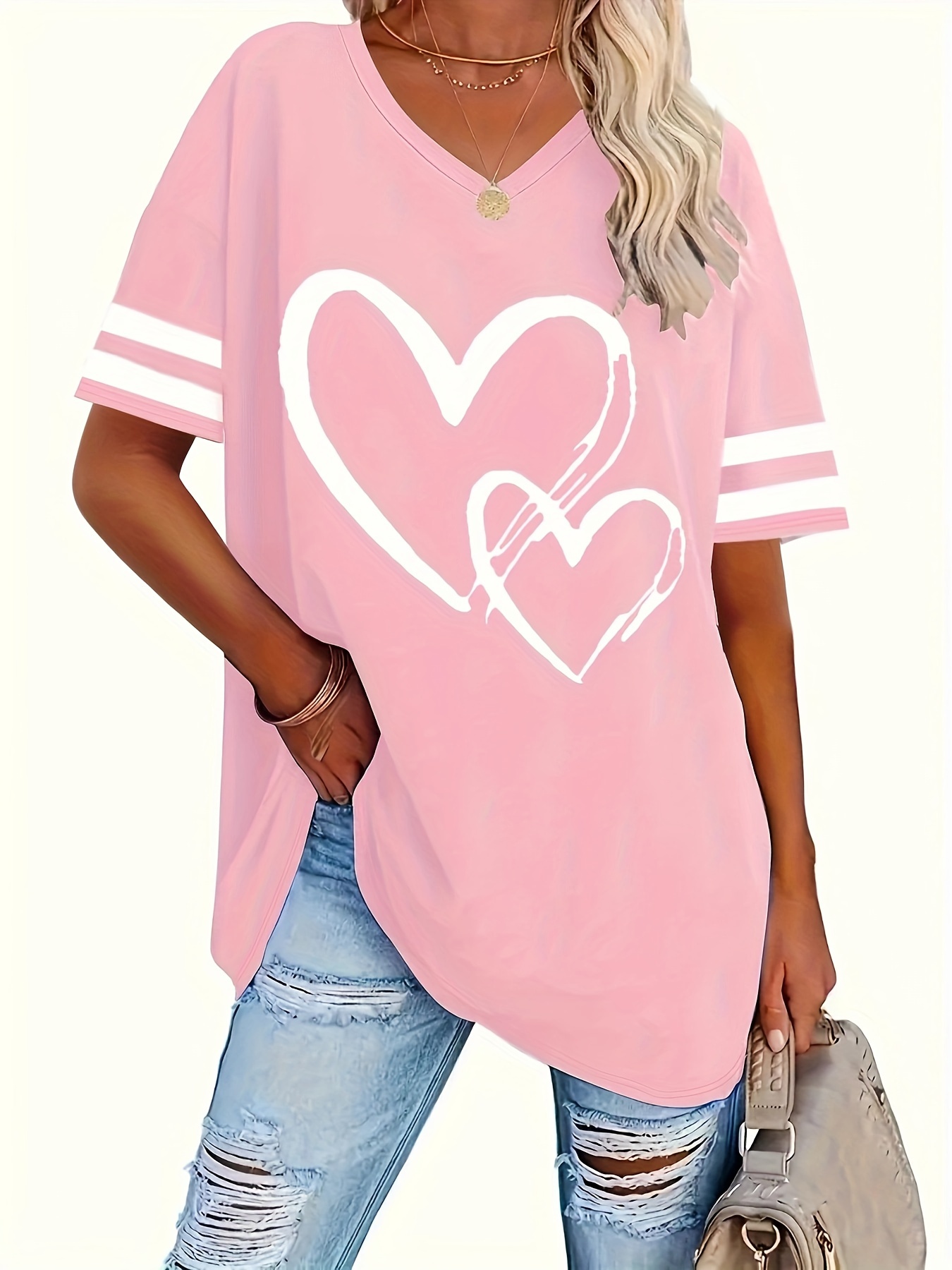 plus size heart stripe print t shirt casual v neck short sleeve top for spring summer womens plus size clothing details 3