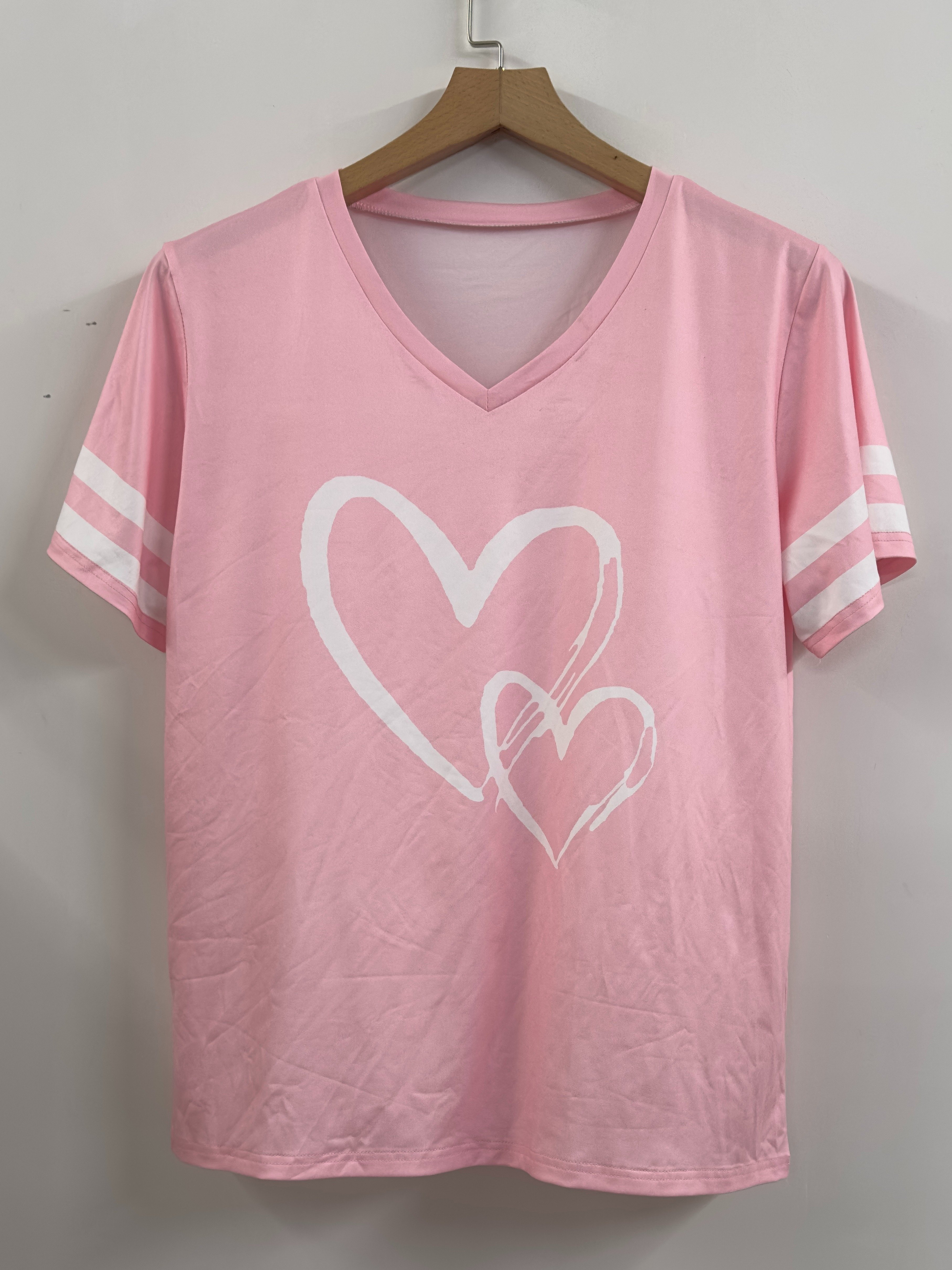 plus size heart stripe print t shirt casual v neck short sleeve top for spring summer womens plus size clothing details 4