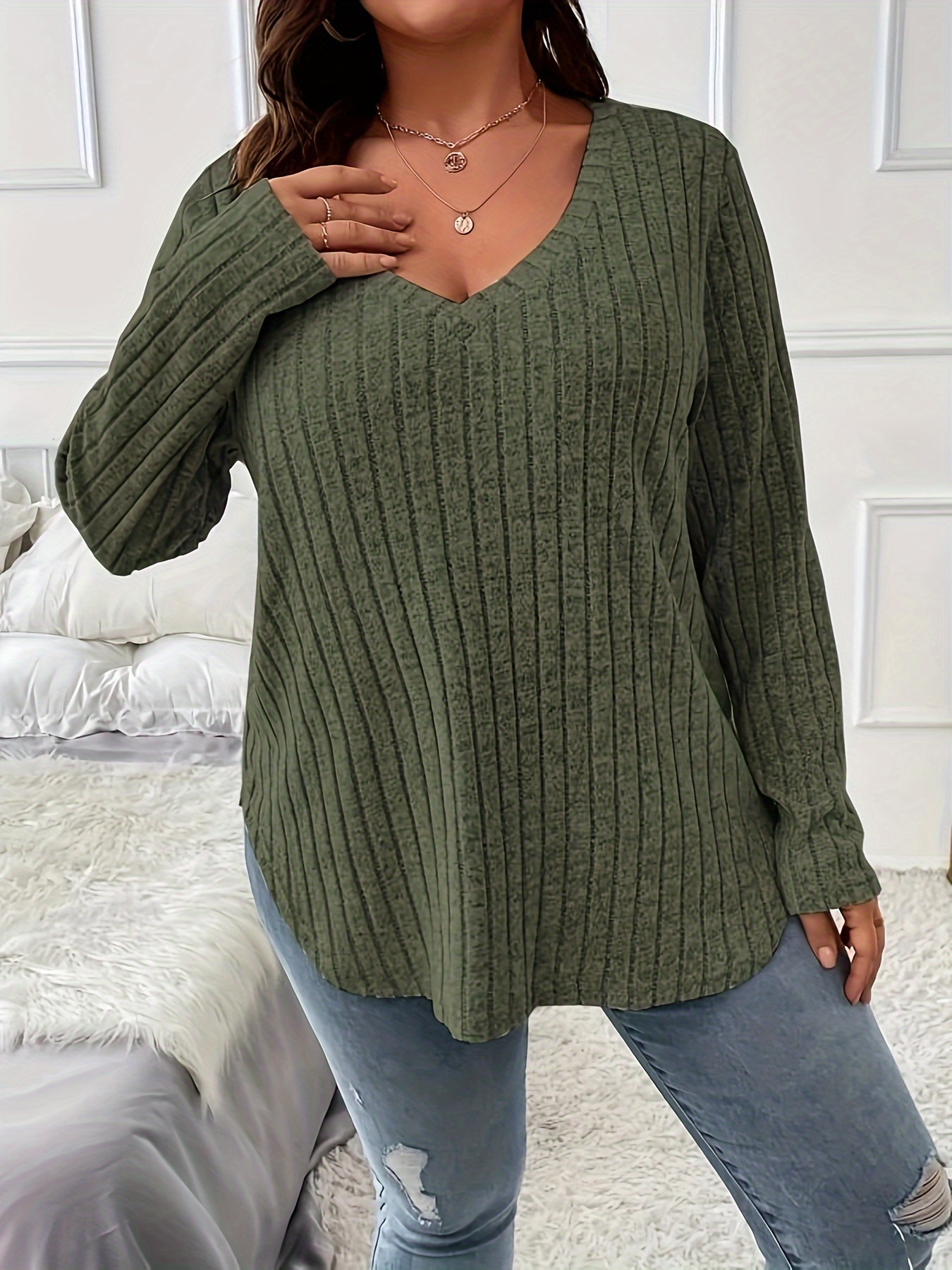 plus size casual top womens plus solid ribbed long sleeve v neck medium stretch top details 8