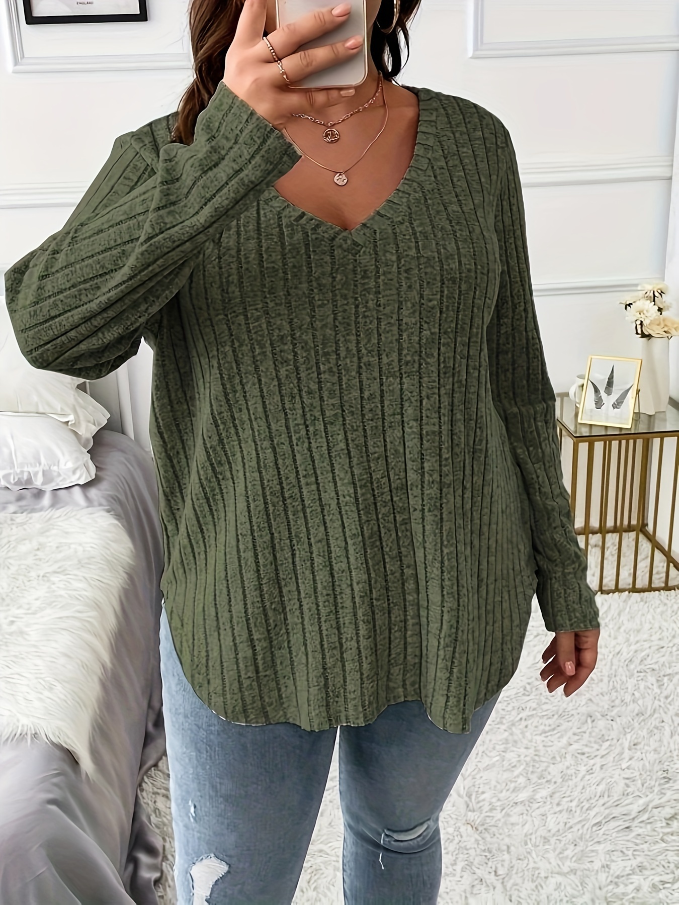 plus size casual top womens plus solid ribbed long sleeve v neck medium stretch top details 10
