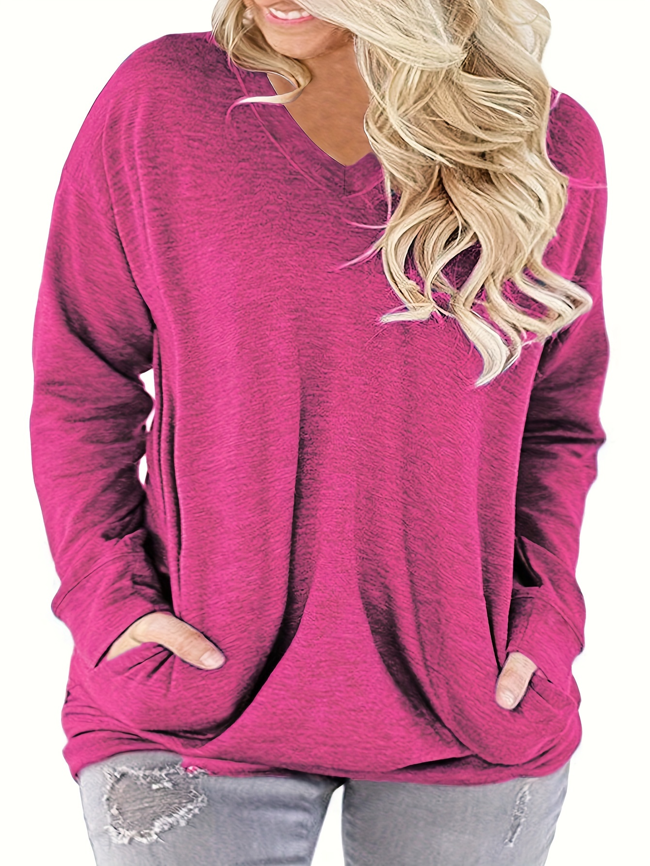 plus size casual top womens plus colorblock long sleeve v neck top with pockets details 0