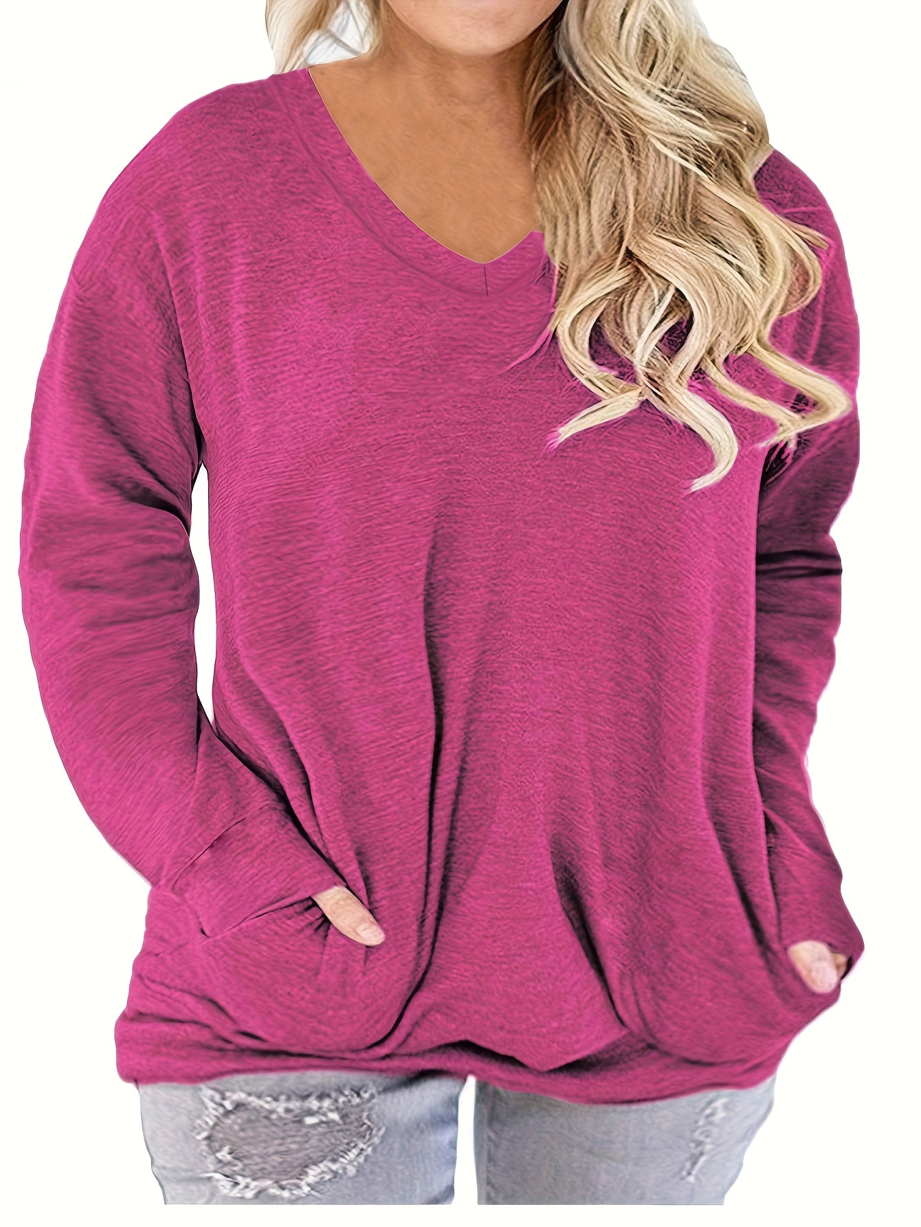 plus size casual top womens plus colorblock long sleeve v neck top with pockets details 1