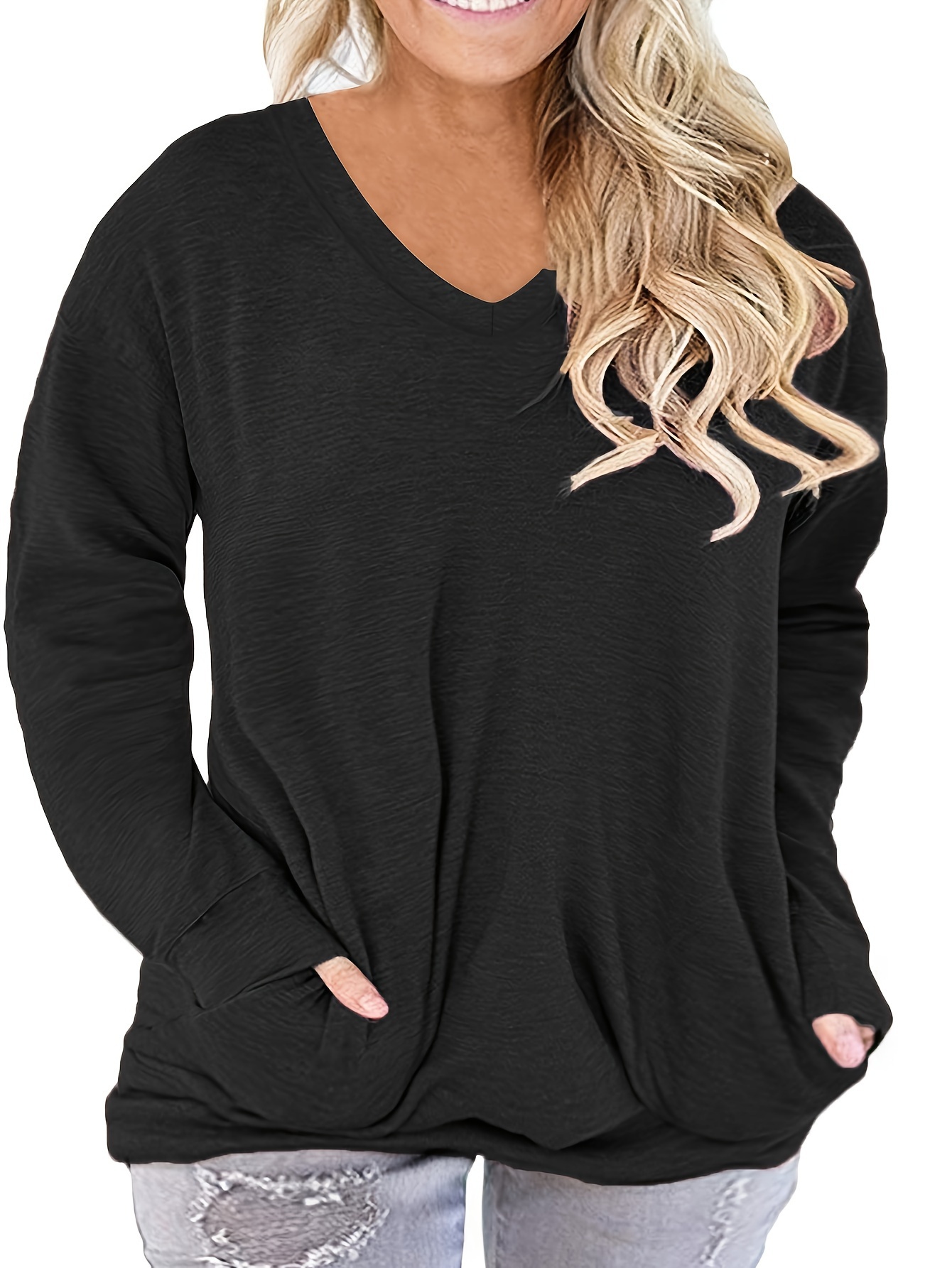 plus size casual top womens plus colorblock long sleeve v neck top with pockets details 10