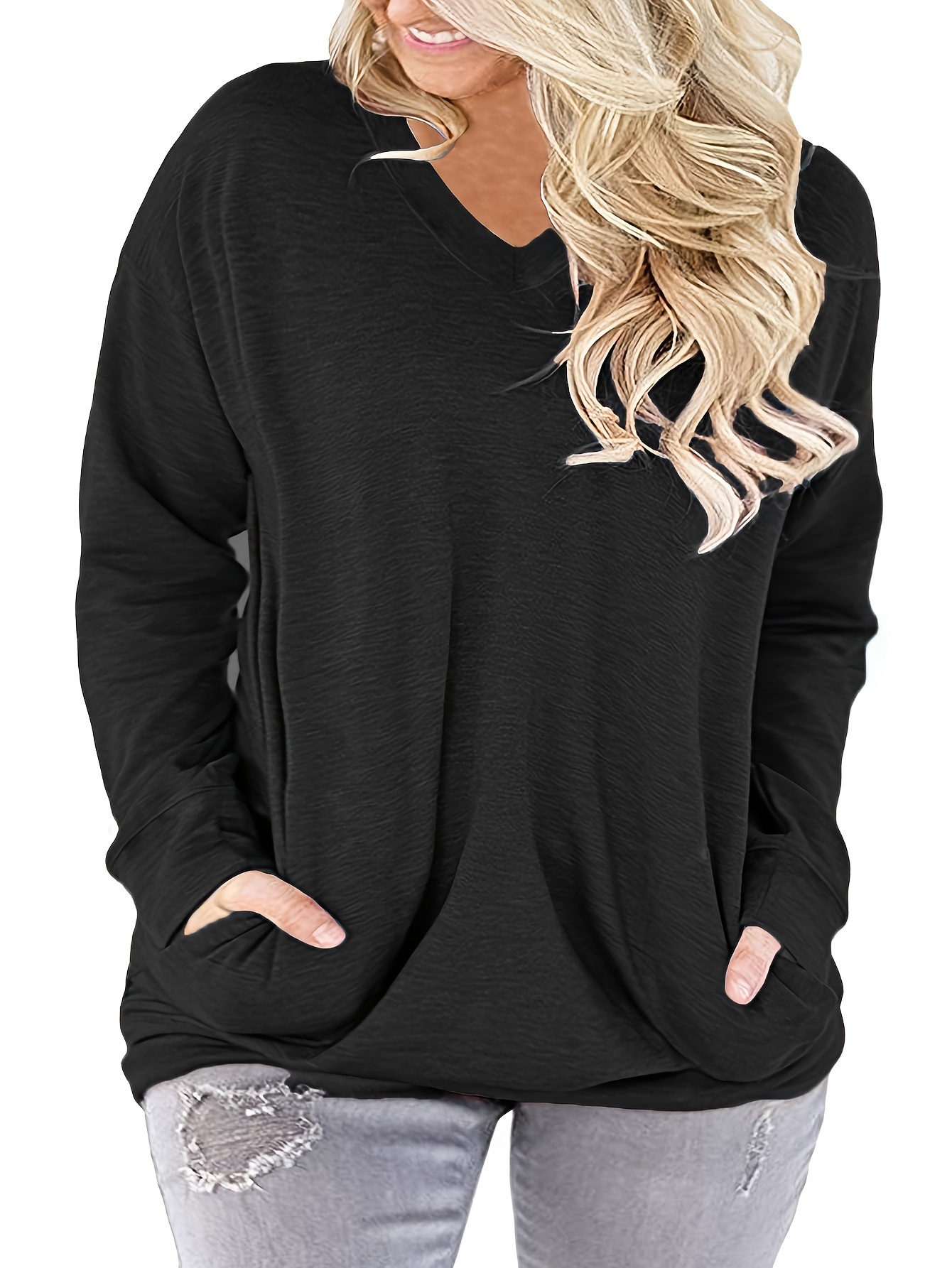 plus size casual top womens plus colorblock long sleeve v neck top with pockets details 13