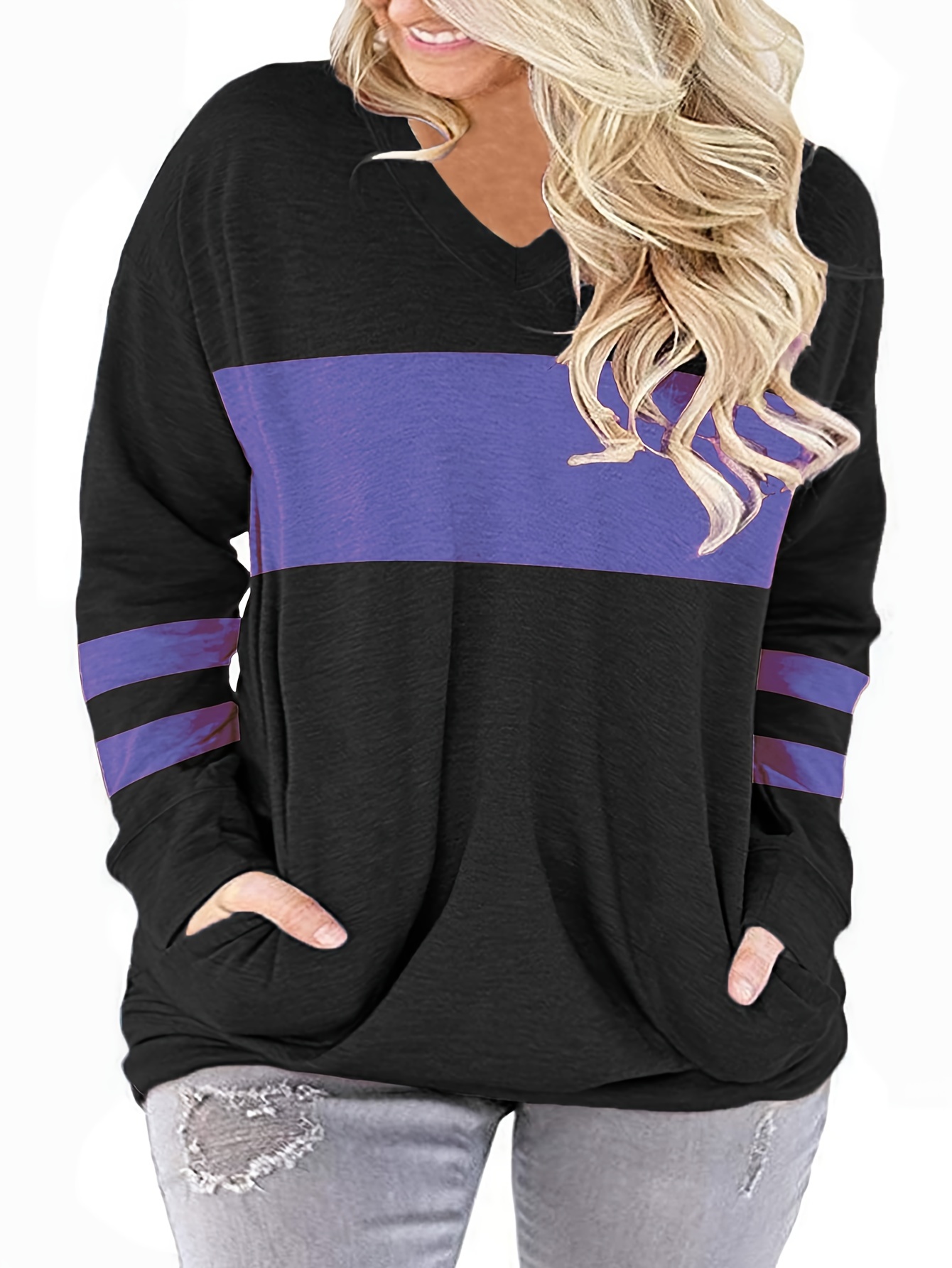 plus size casual top womens plus colorblock long sleeve v neck top with pockets details 20